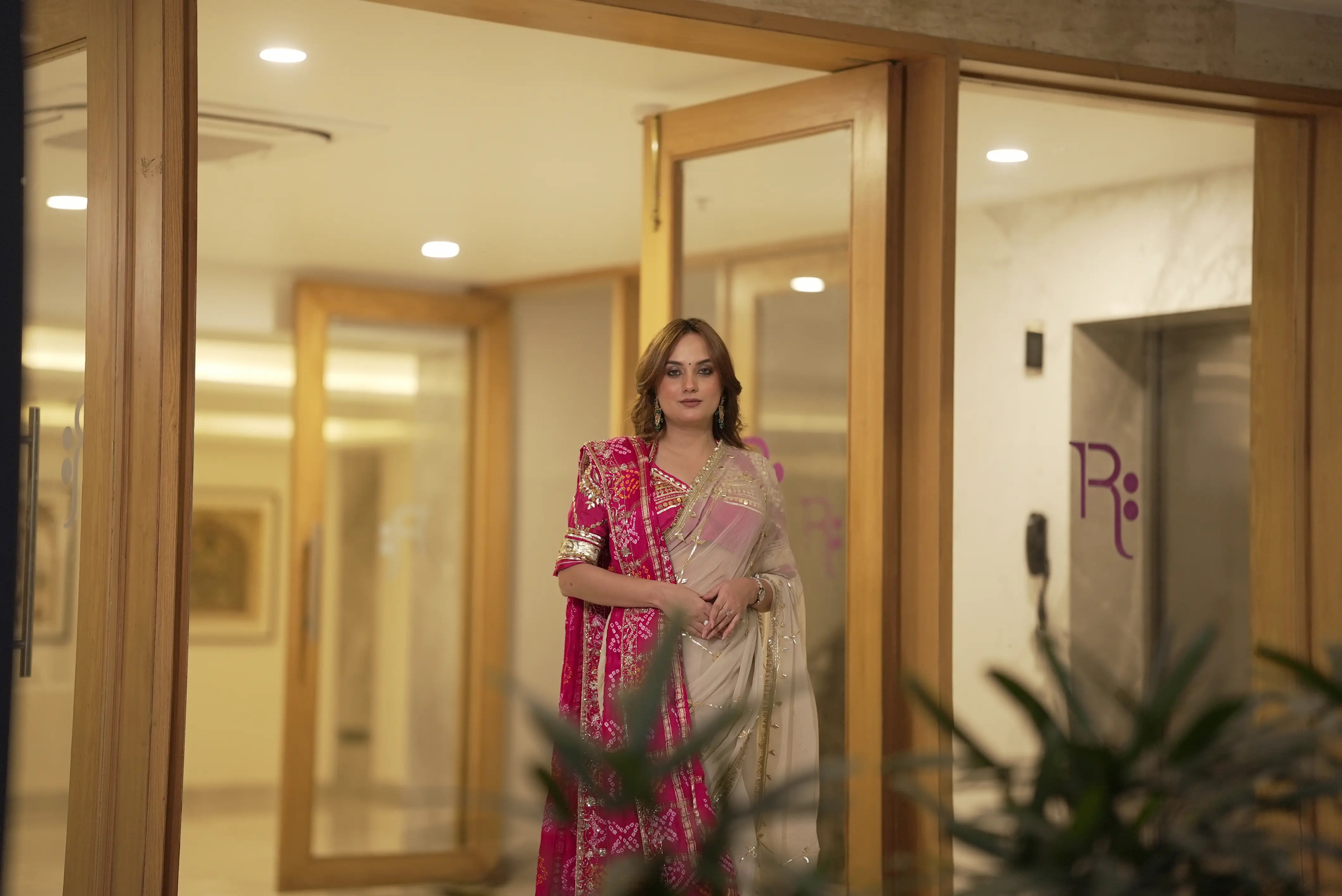 Pure Chiffon Saree with Kachi Gota Patti & Rajasthani Angi Blouse with Gajji Silk Bandhani Zardozi Dupatta