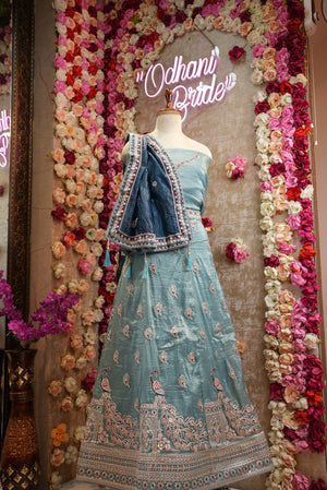Crush Tissue Lehenga with Peacock Figure Sequence Dori work with Contrast Dupatta ##LC017
