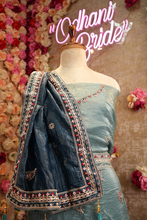 Crush Tissue Lehenga with Peacock Figure Sequence Dori work with Contrast Dupatta ##LC017