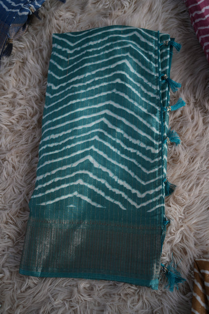 COTTAN SILK FABRIC LEHERIYA SAREE WITH ZARE WEAVING BORDER AND LINNING PATTERN (WITH BLOUSE) ##SR0305