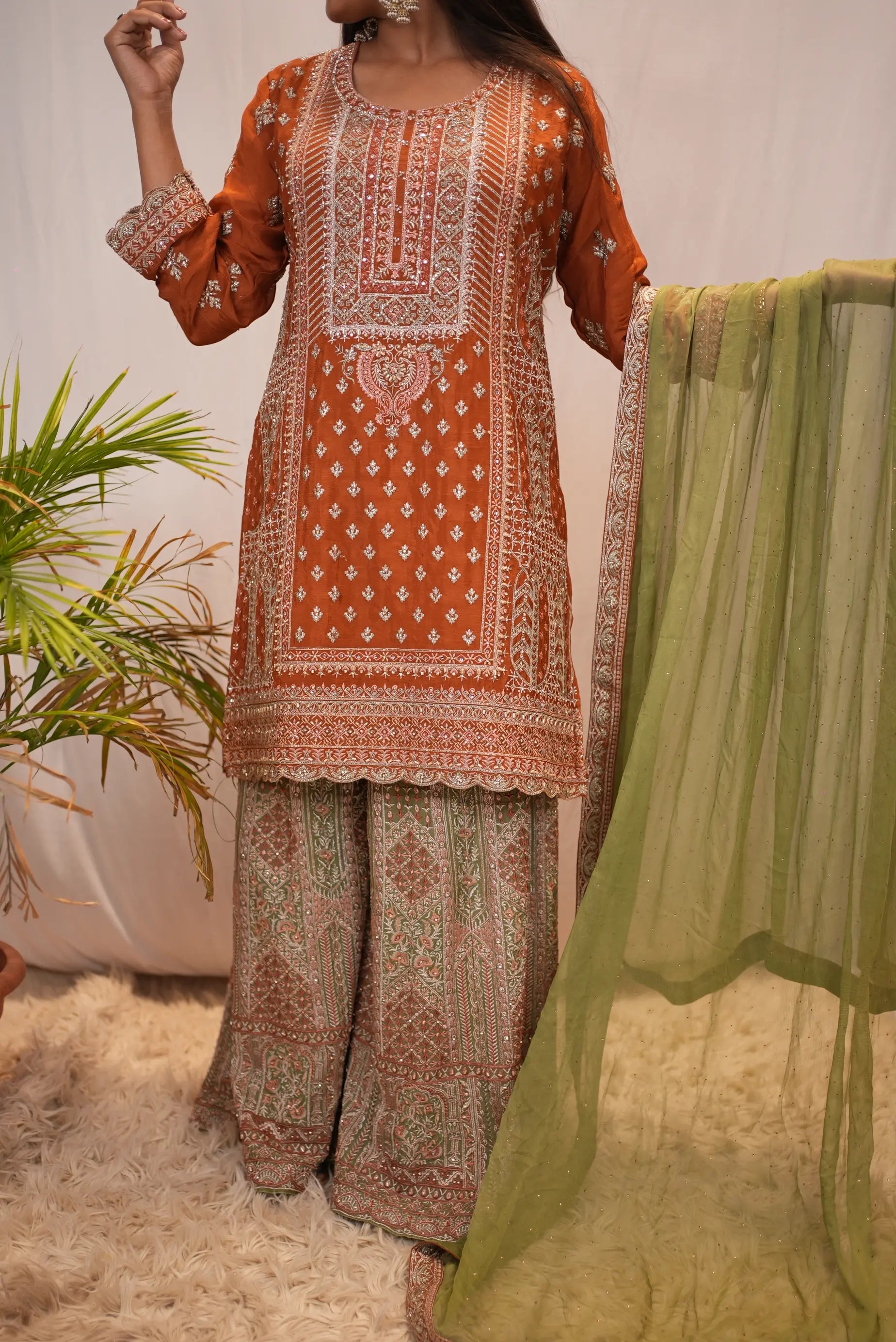Embroidered Rust Orange Straight Kurta with Printed Palazzo & Organza Dupatta