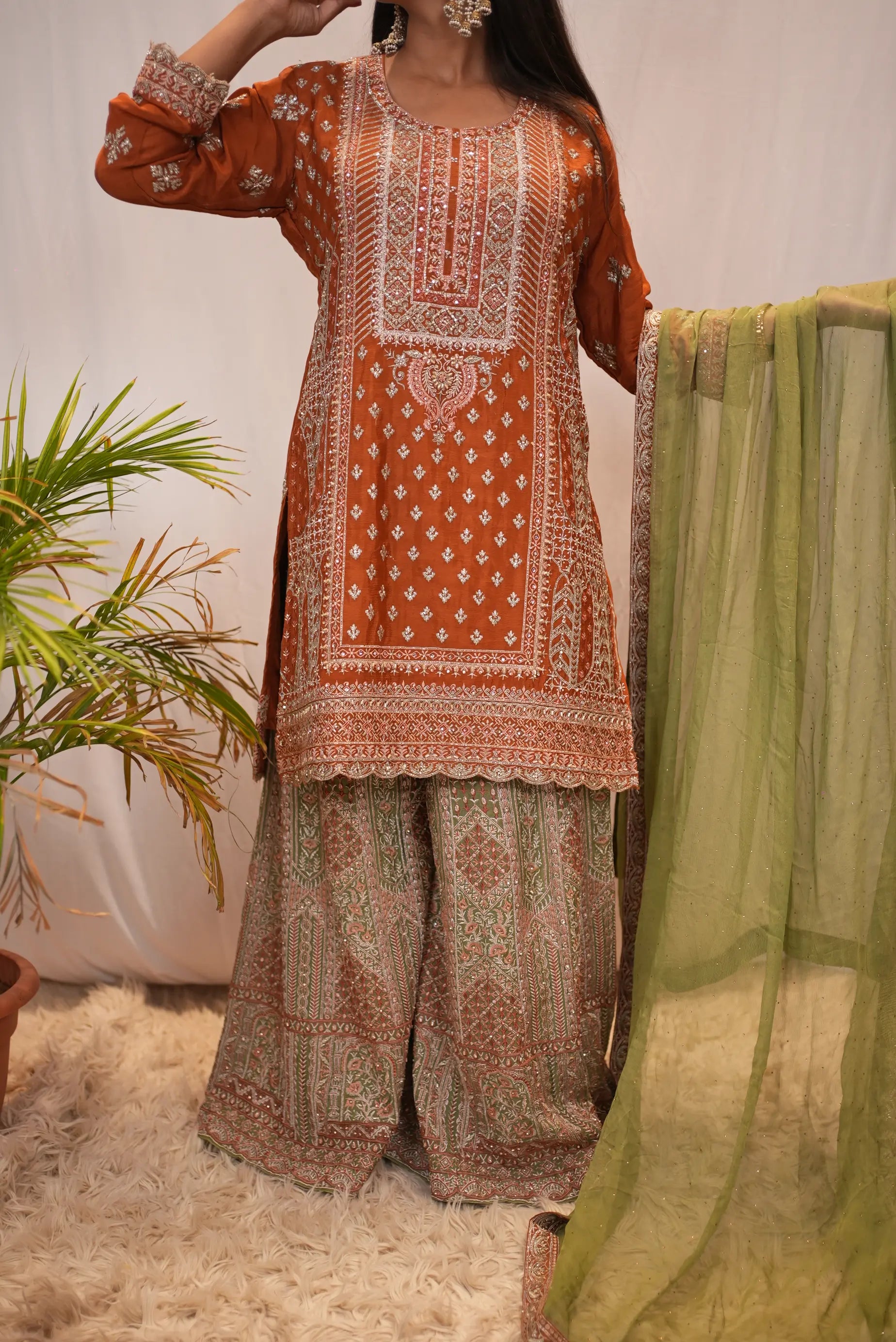 Embroidered Rust Orange Straight Kurta with Printed Palazzo & Organza Dupatta