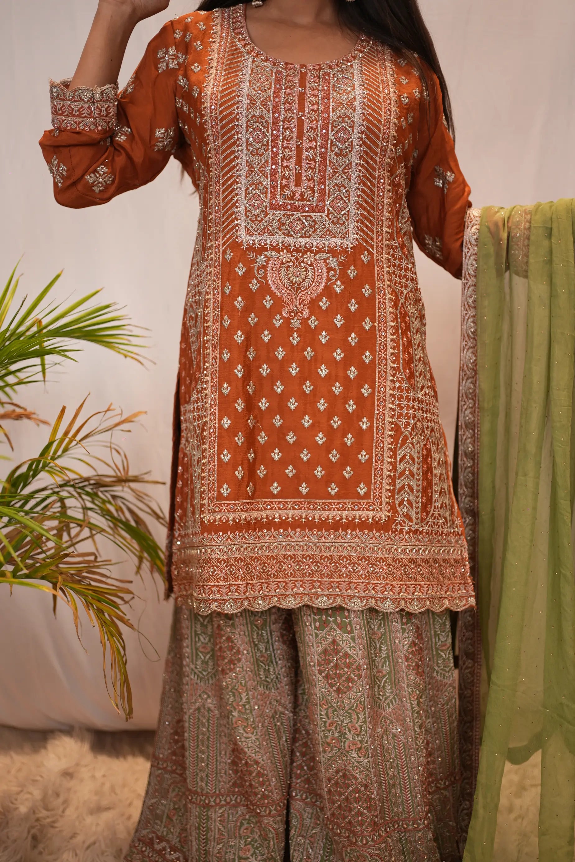 Embroidered Rust Orange Straight Kurta with Printed Palazzo & Organza Dupatta