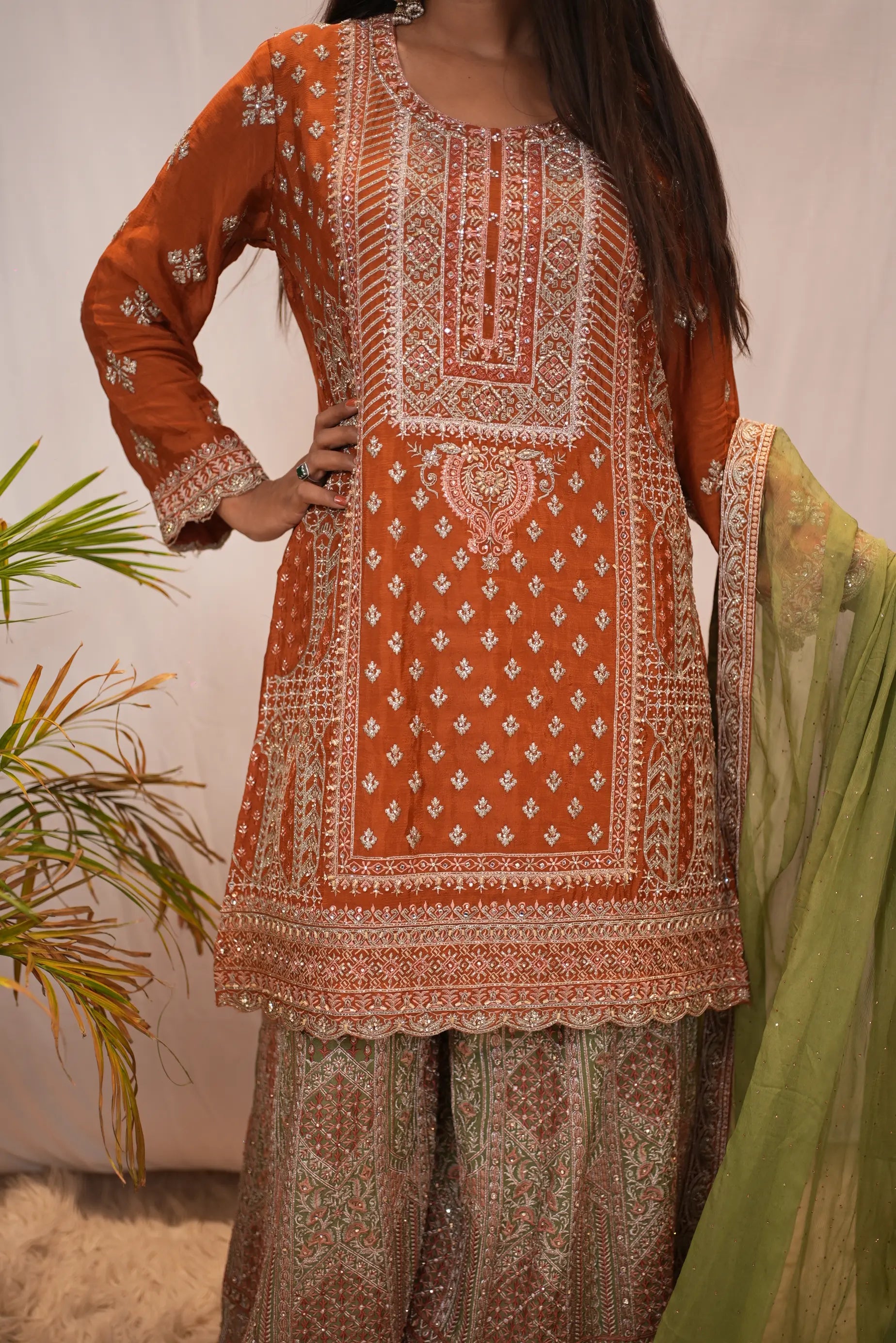 Embroidered Rust Orange Straight Kurta with Printed Palazzo & Organza Dupatta