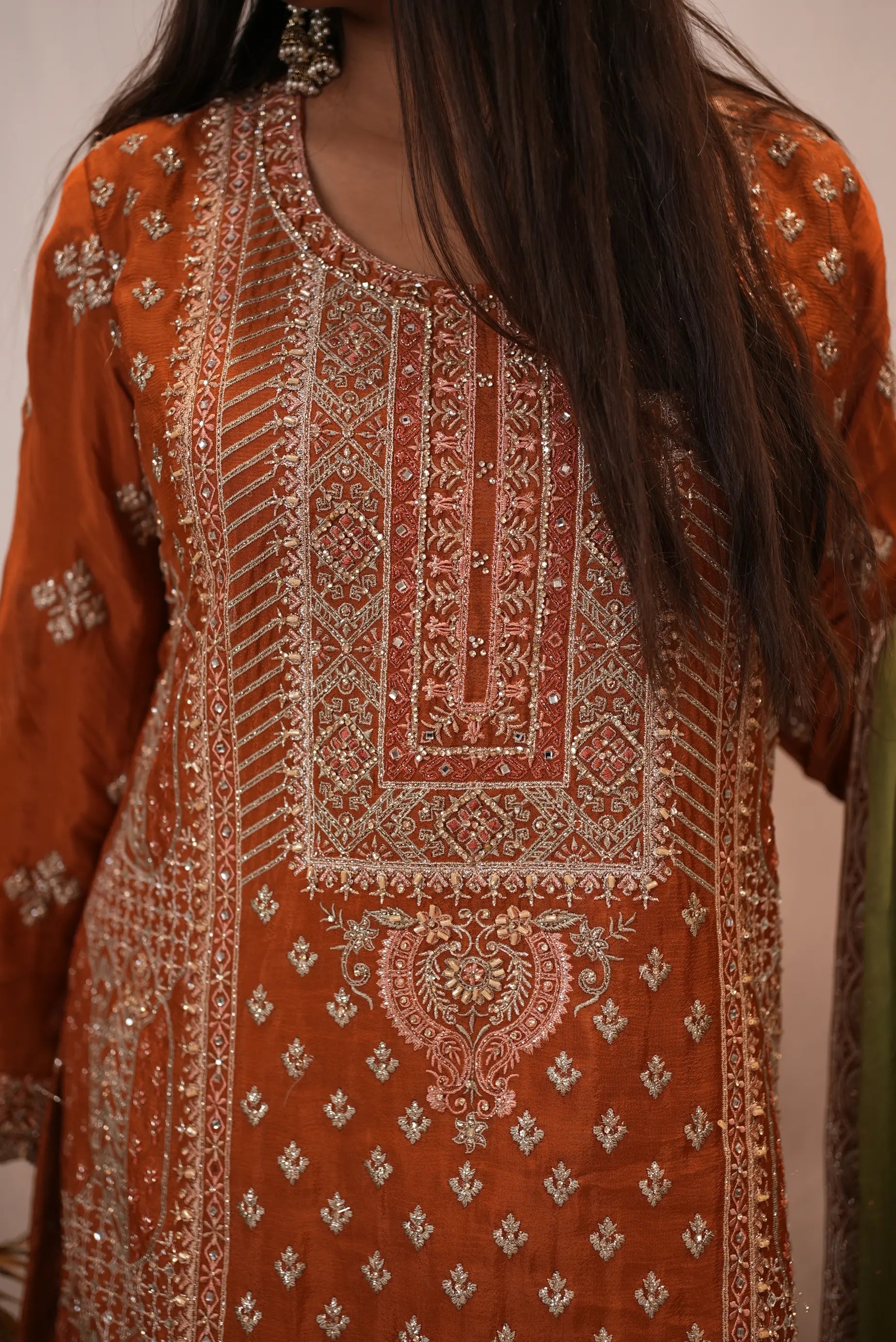 Embroidered Rust Orange Straight Kurta with Printed Palazzo & Organza Dupatta