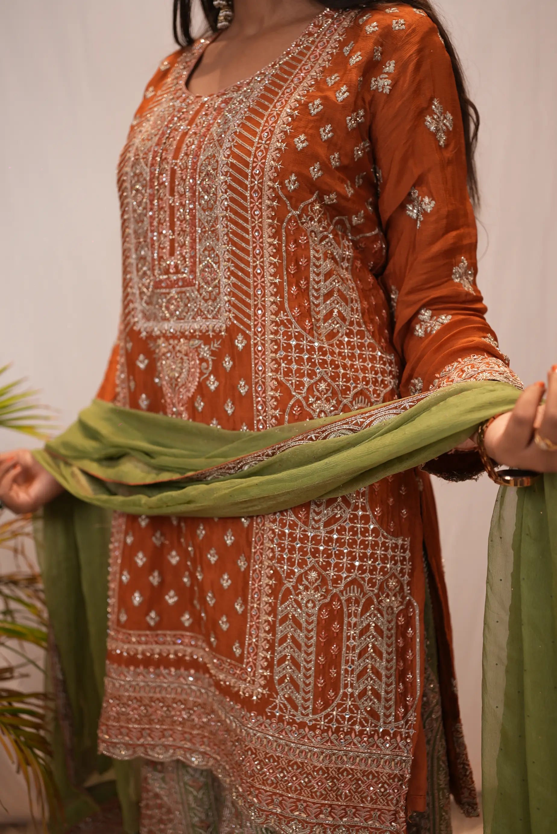 Embroidered Rust Orange Straight Kurta with Printed Palazzo & Organza Dupatta
