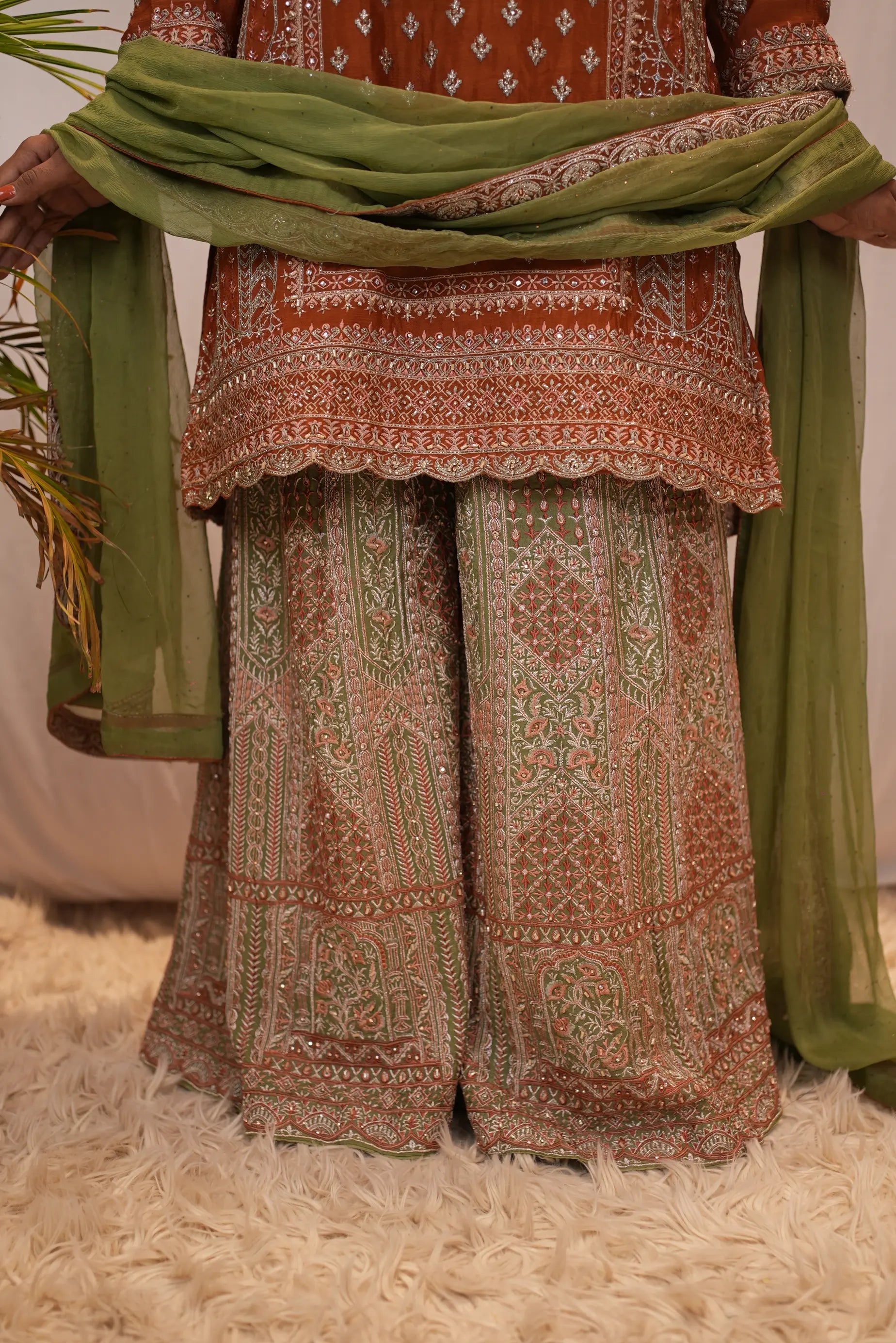 Embroidered Rust Orange Straight Kurta with Printed Palazzo & Organza Dupatta