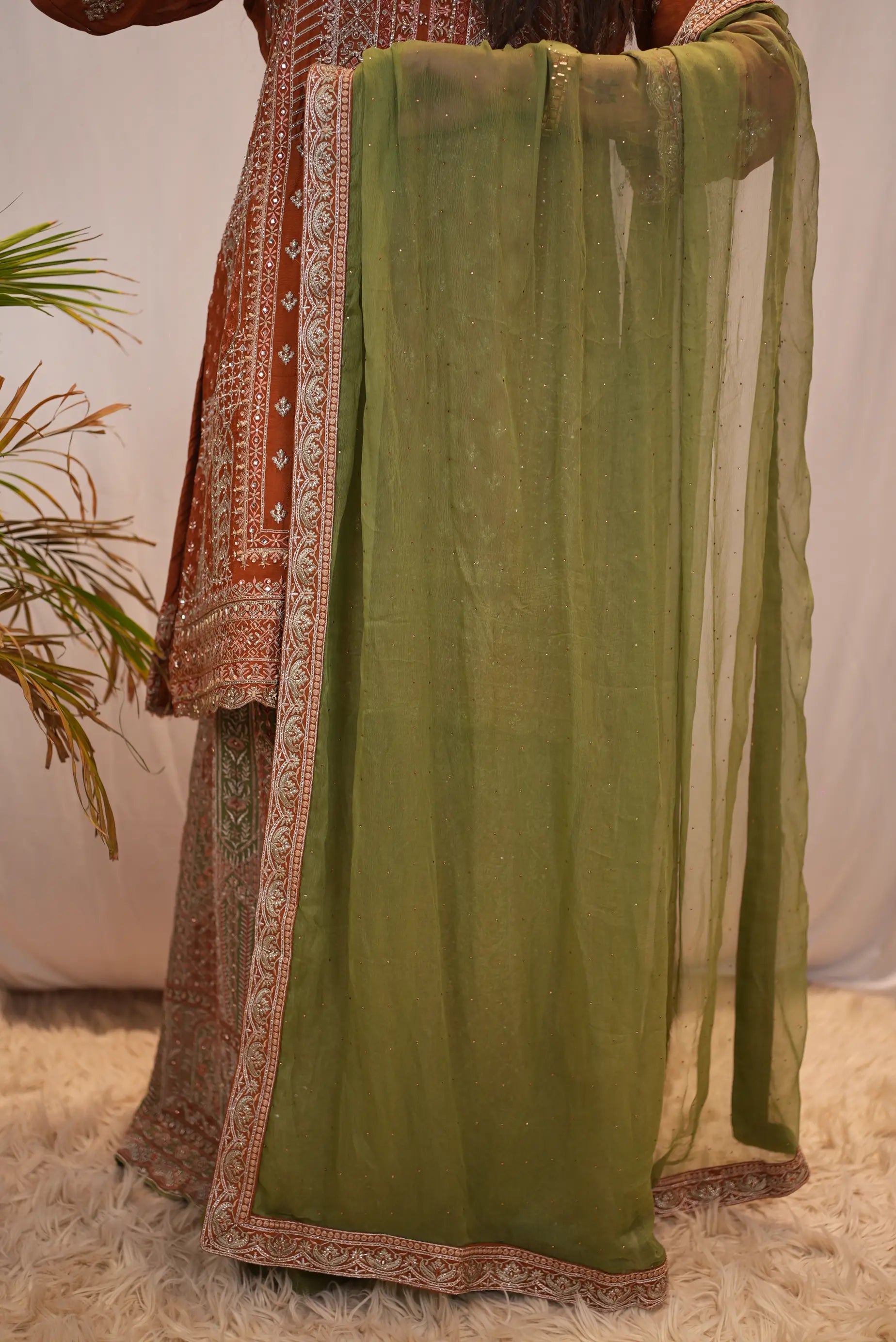 Embroidered Rust Orange Straight Kurta with Printed Palazzo & Organza Dupatta