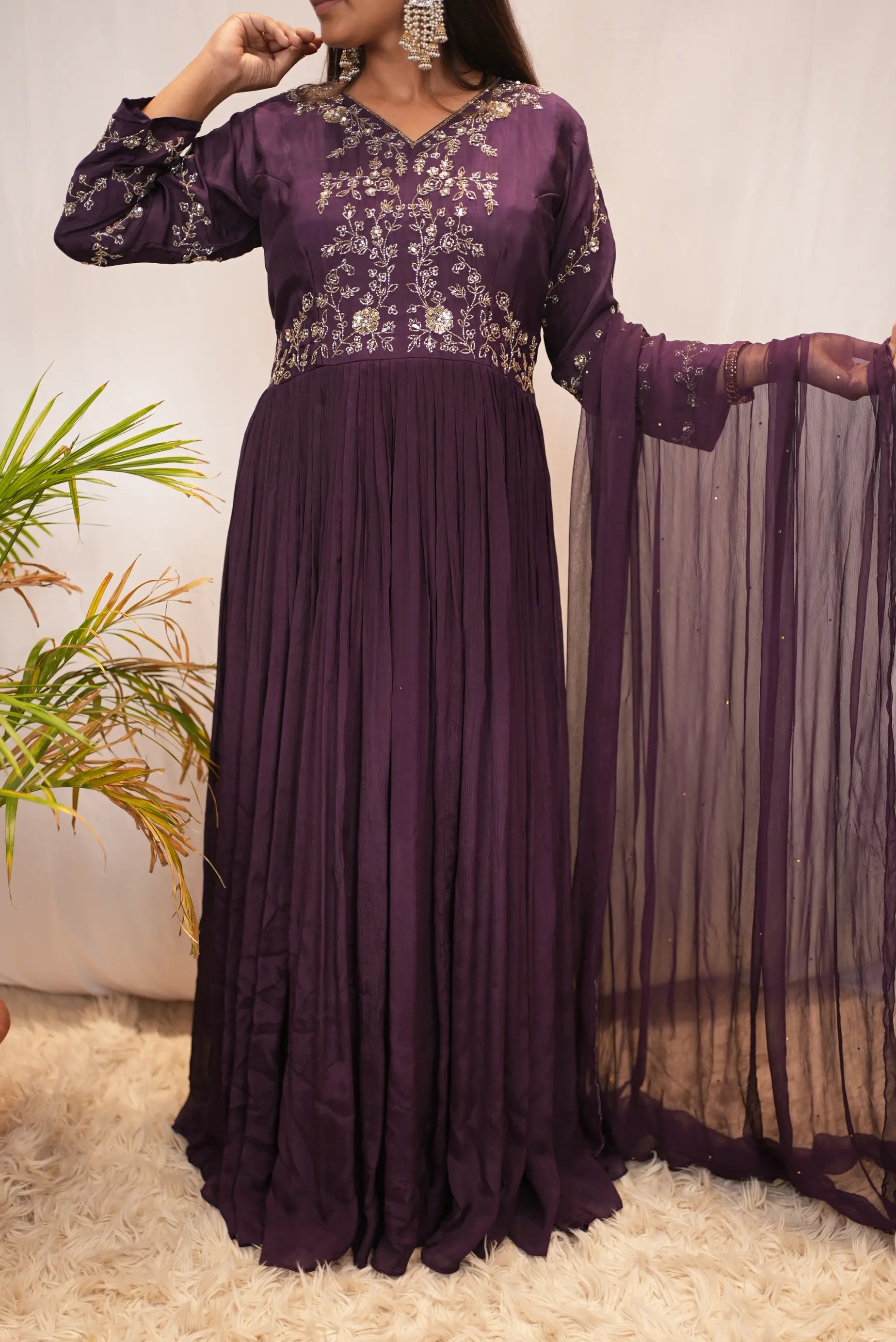 Elegant Purple Embroidered Anarkali Suit with Sheer Dupatta