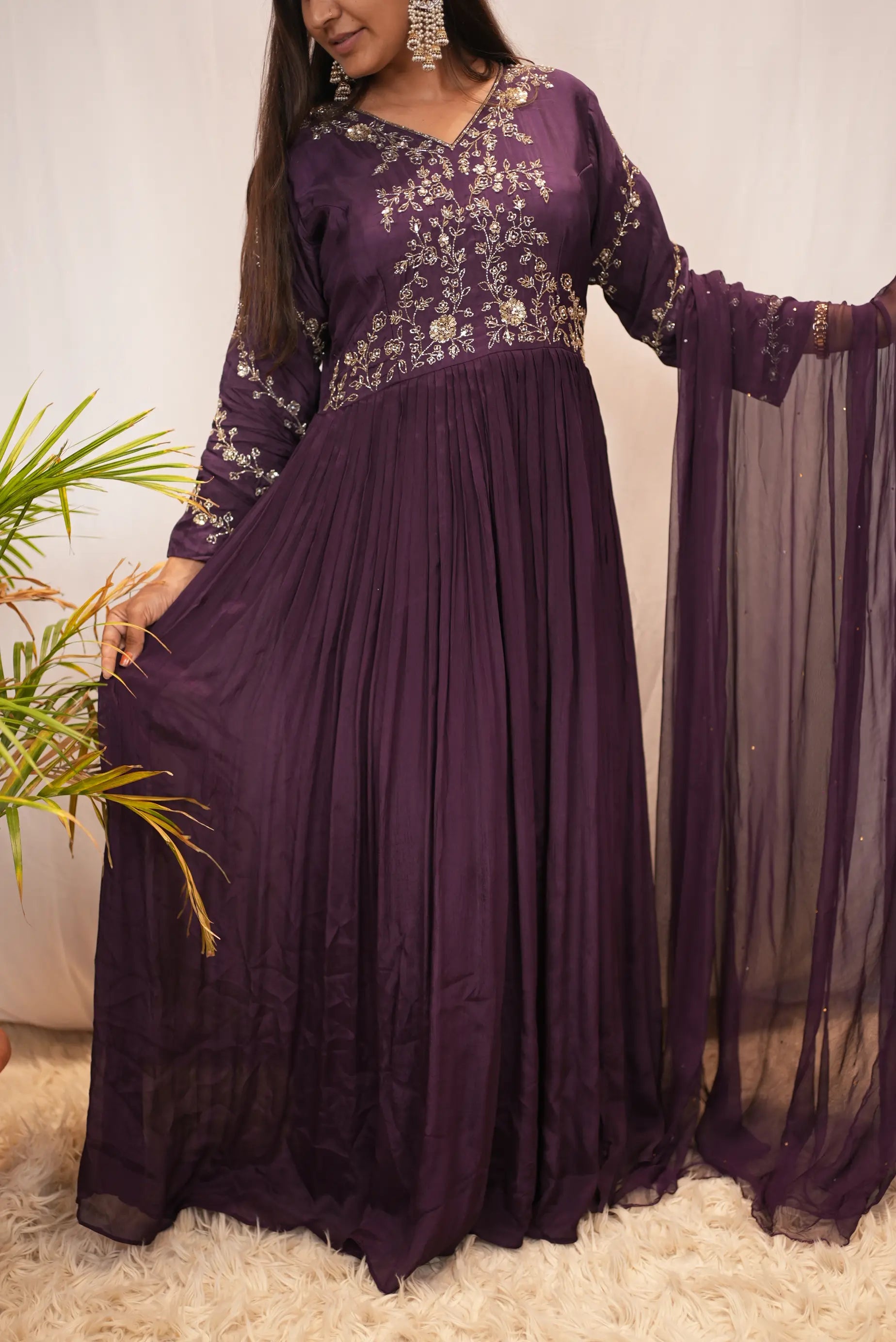 Elegant Purple Embroidered Anarkali Suit with Sheer Dupatta