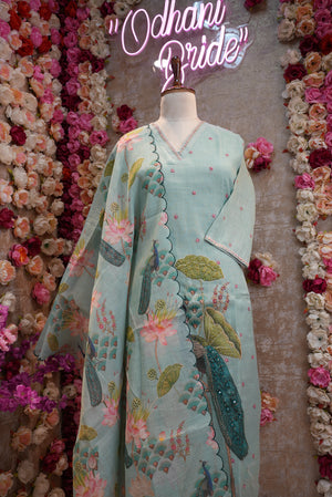 Linen fabric with digital print suit katha work ##SP003
