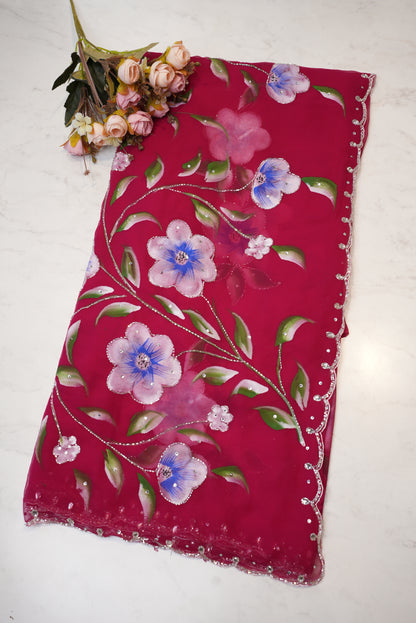 BRUSH PAINTING SAREE WITH CUTDANA HANDWORK ON GEORGETTE FABRIC (WITH BLOUSE)   ##SR0266