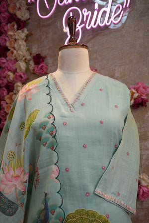 Linen fabric with digital print suit katha work ##SP003