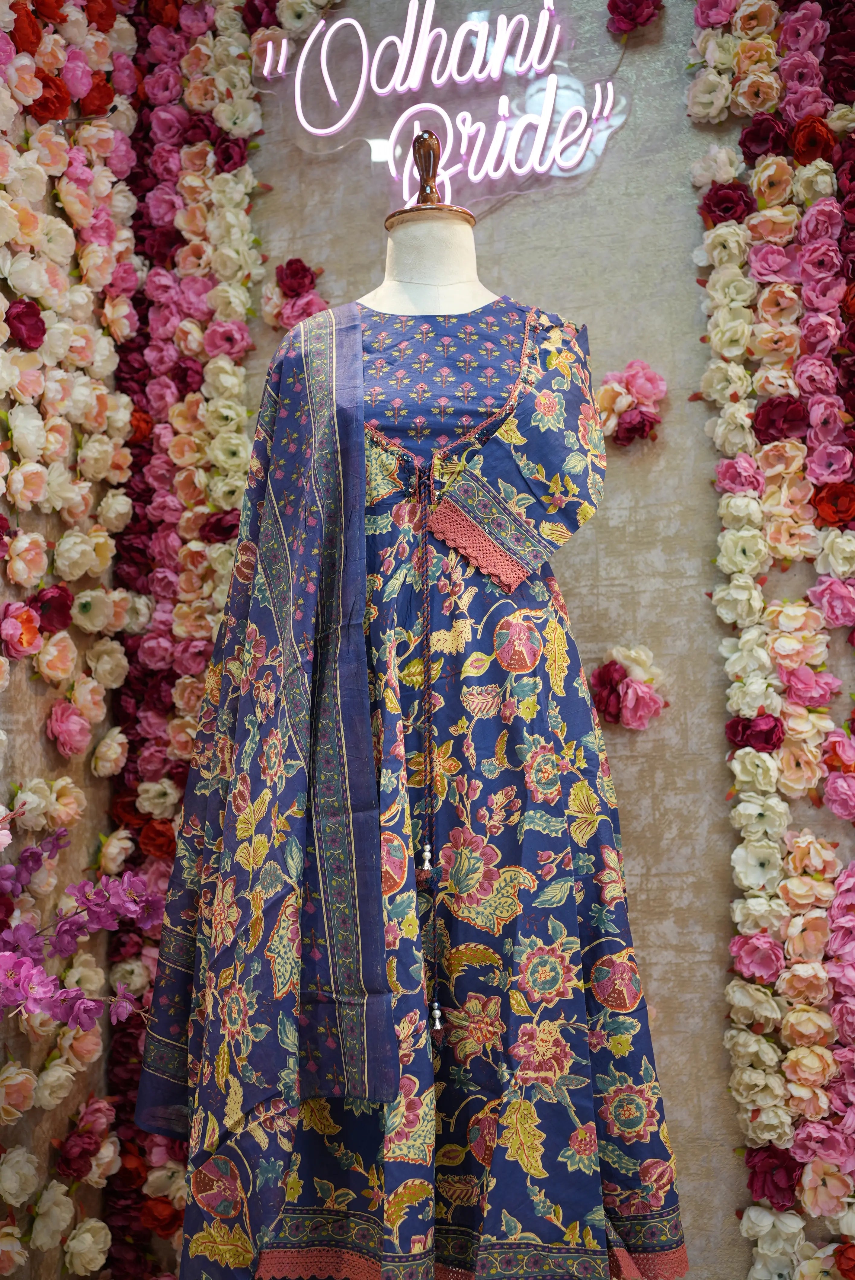 Pure cotton fabric sanganeri print anarkali suit with paint & duppata