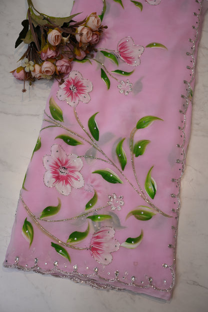 BRUSH PAINTING SAREE WITH CUTDANA HANDWORK ON GEORGETTE FABRIC (WITH BLOUSE)   ##SR0266