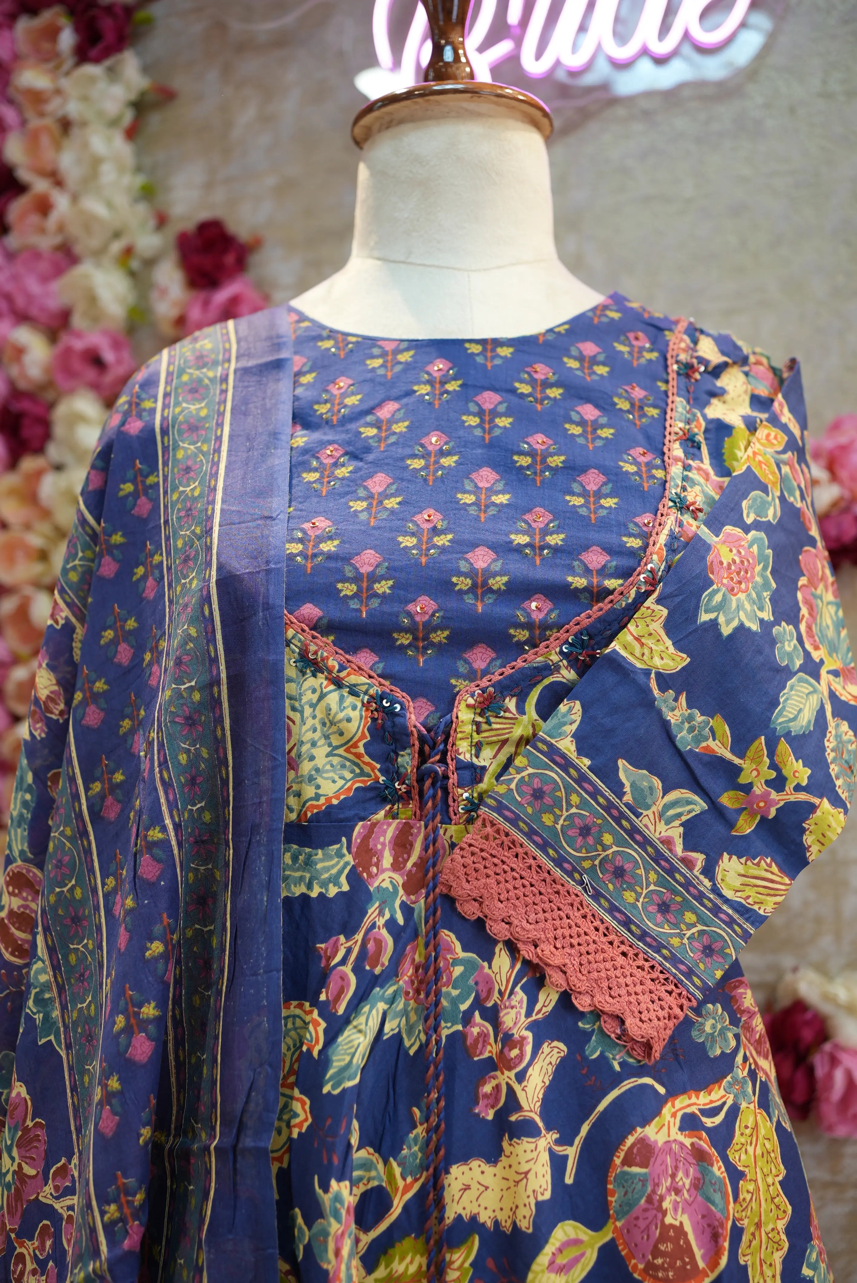 Pure cotton fabric sanganeri print anarkali suit with paint & duppata
