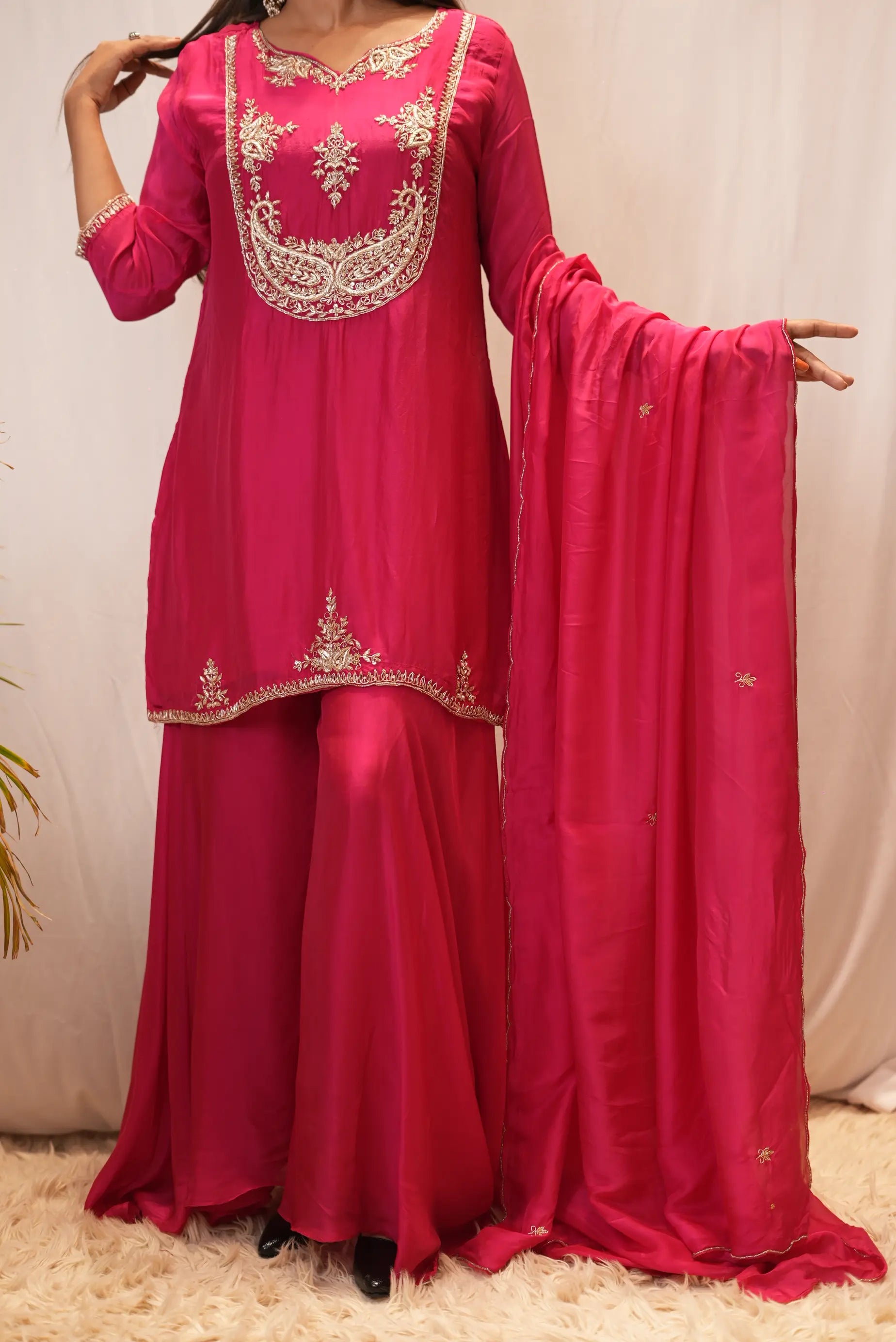 Pink Embroidered Kurta Palazzo Set with Dupatta