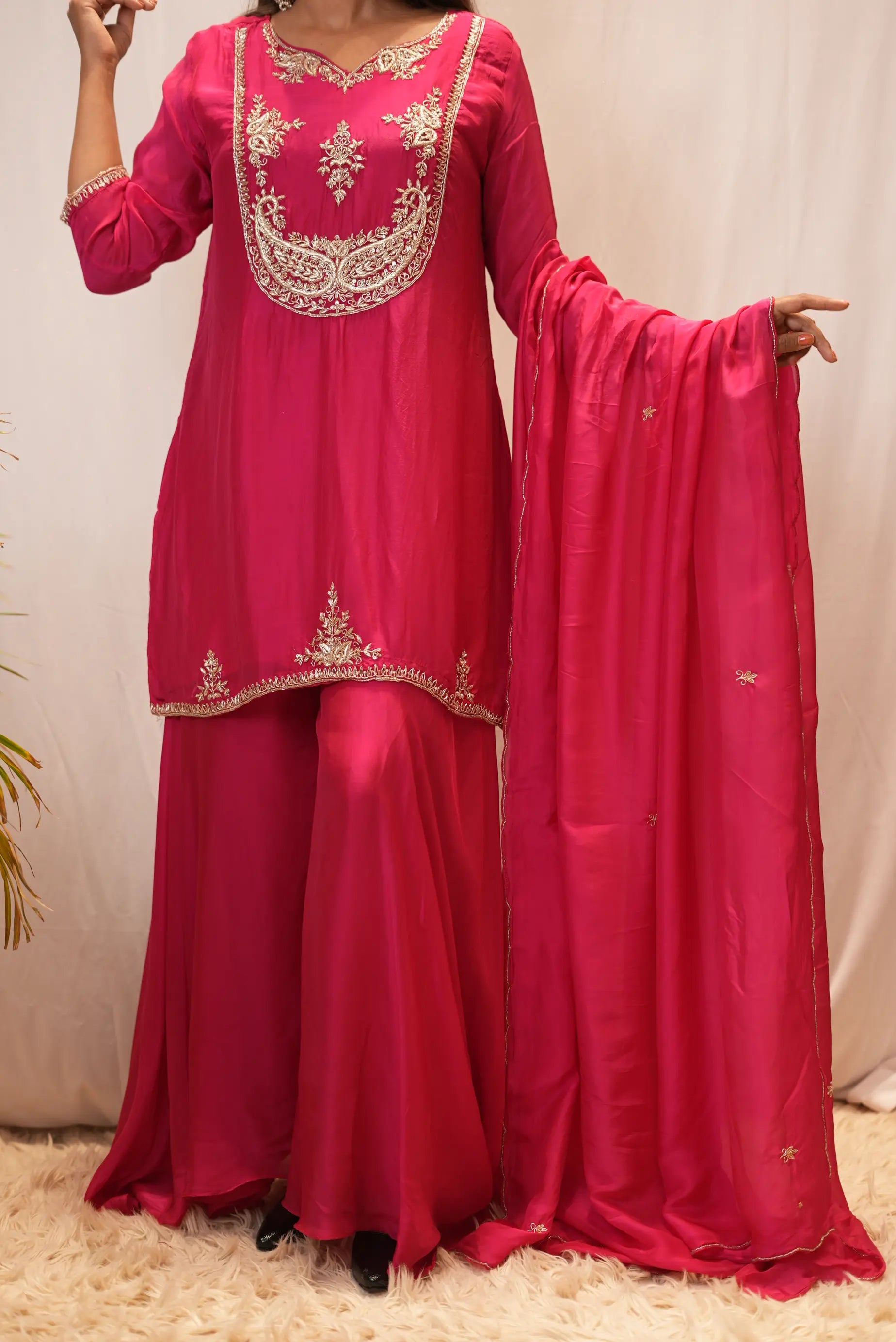 Pink Embroidered Kurta Palazzo Set with Dupatta
