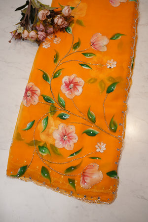 BRUSH PAINTING SAREE WITH CUTDANA HANDWORK ON GEORGETTE FABRIC (WITH BLOUSE)   ##SR0266
