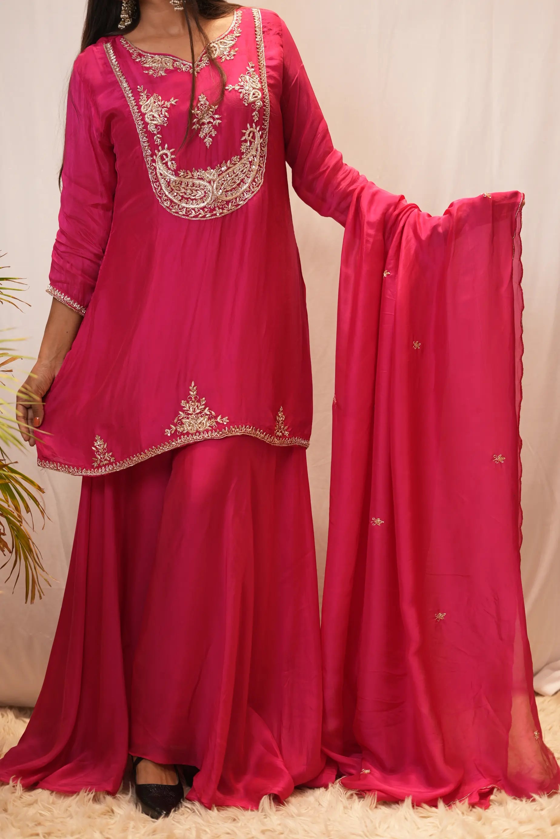 Pink Embroidered Kurta Palazzo Set with Dupatta