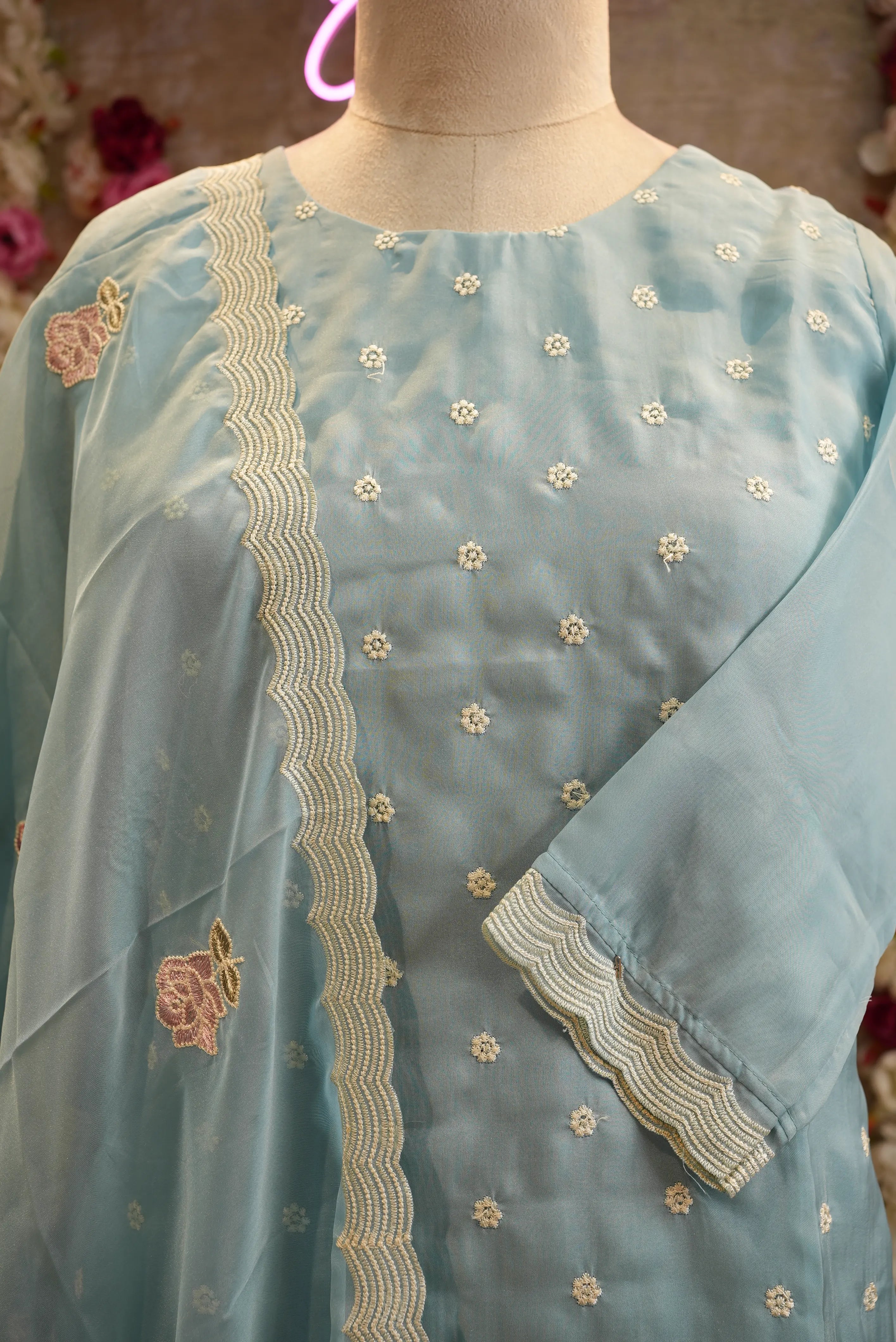 ORGANZA FABRIC STRAIGHT FIT SUIT EMBRODIRY WORK & CUT WORK DUPPATA