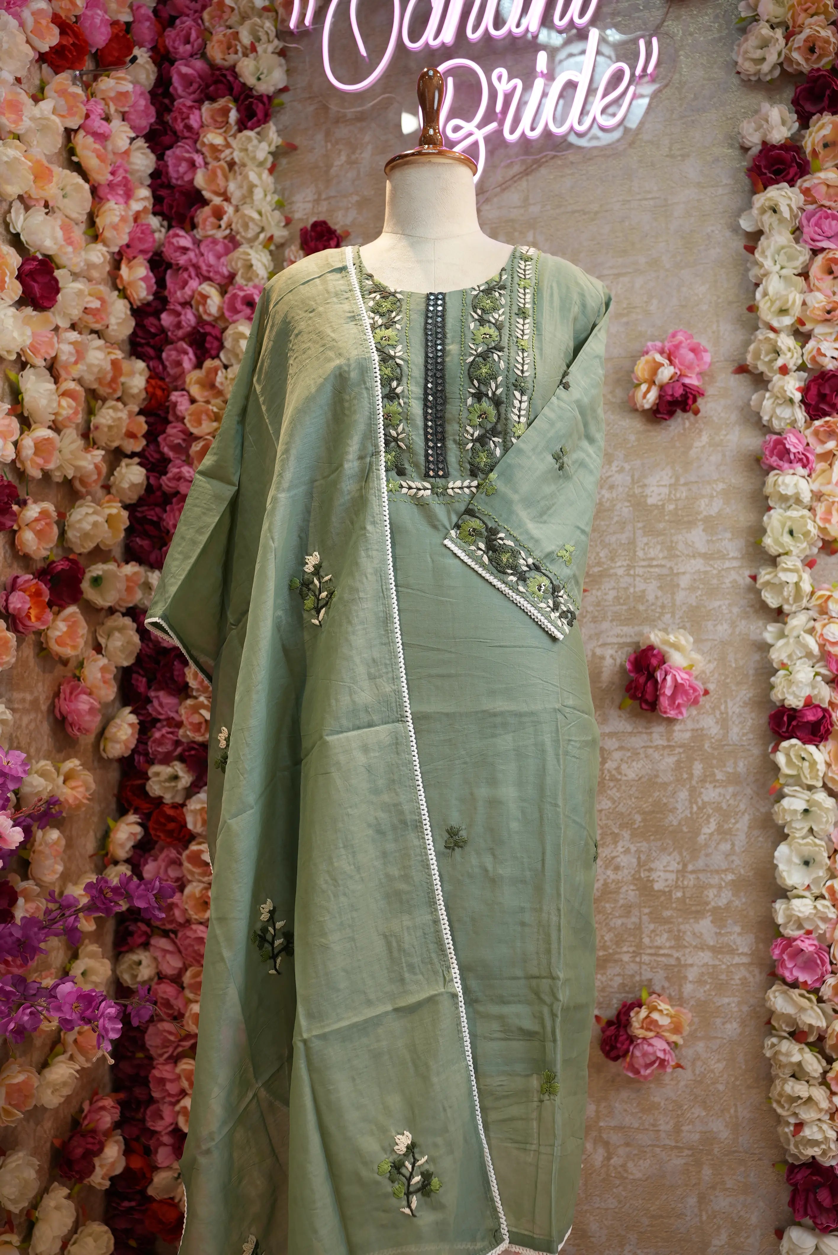 chanderi fabric mirror work suit with painted dupatta