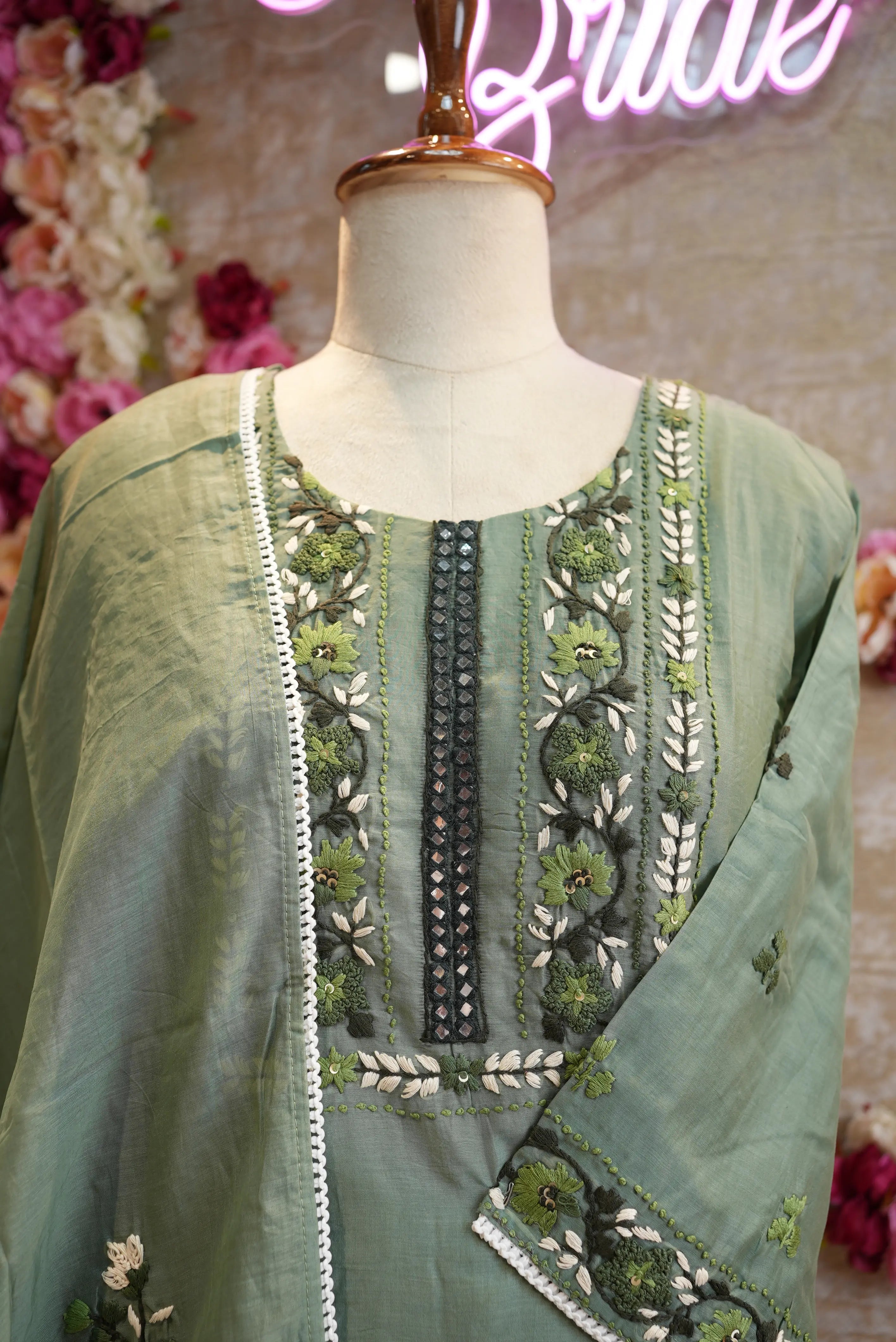 chanderi fabric mirror work suit with painted dupatta