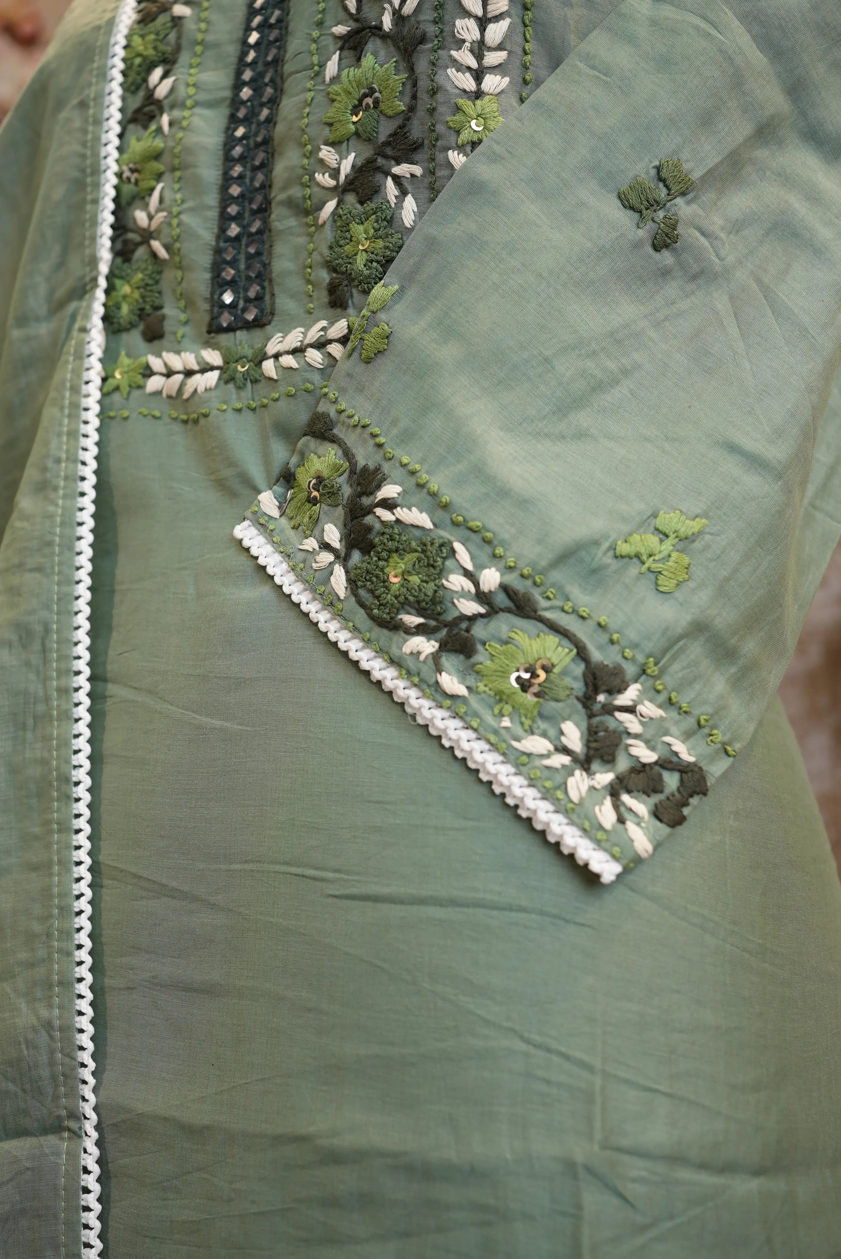 chanderi fabric mirror work suit with painted dupatta