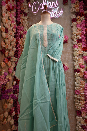 Pure cotton pintex pattern katha work suit with dupatta & bell pattern sleves ##SP008