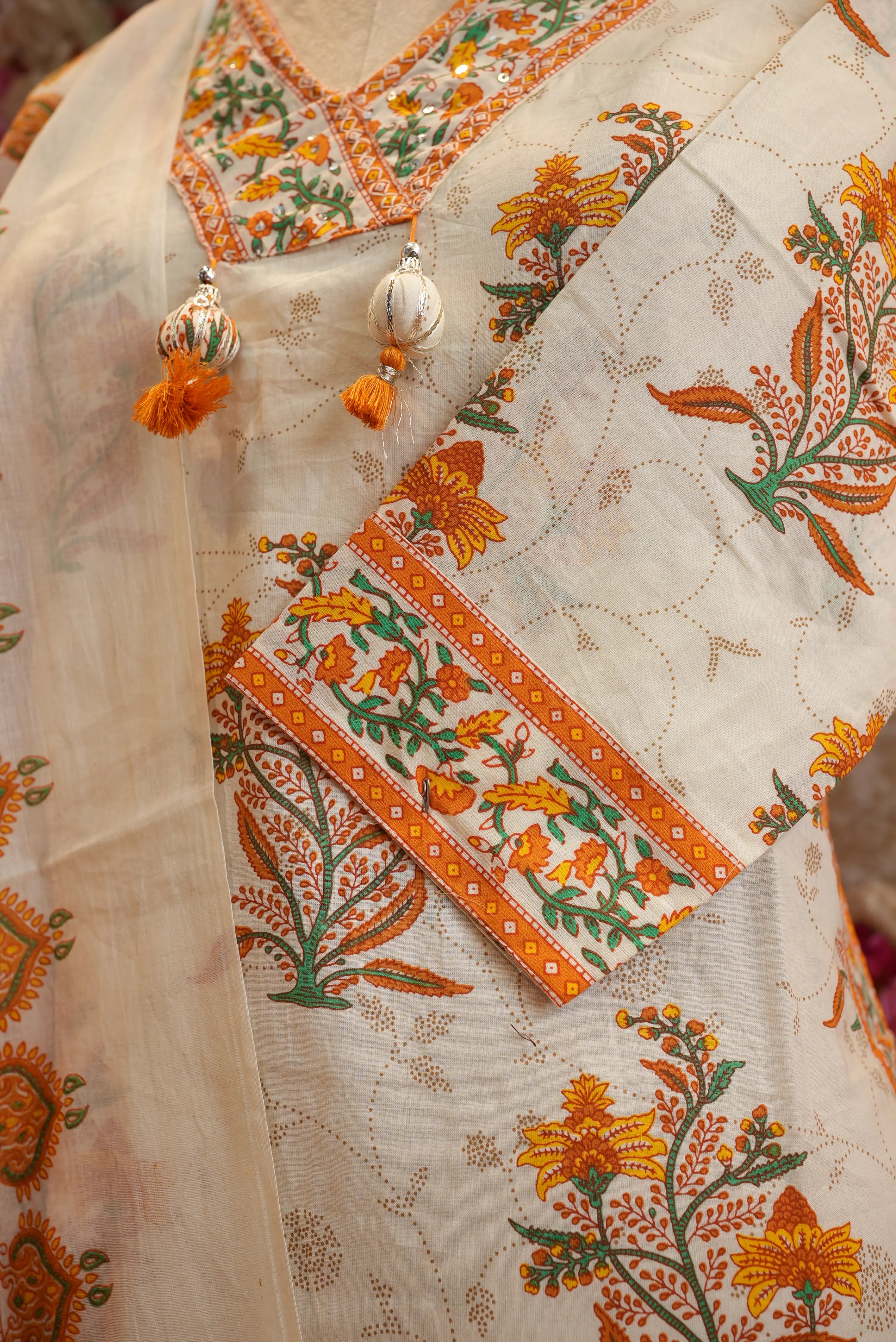 Pure Cotton sanganeri suit with printed bottam & dupatta