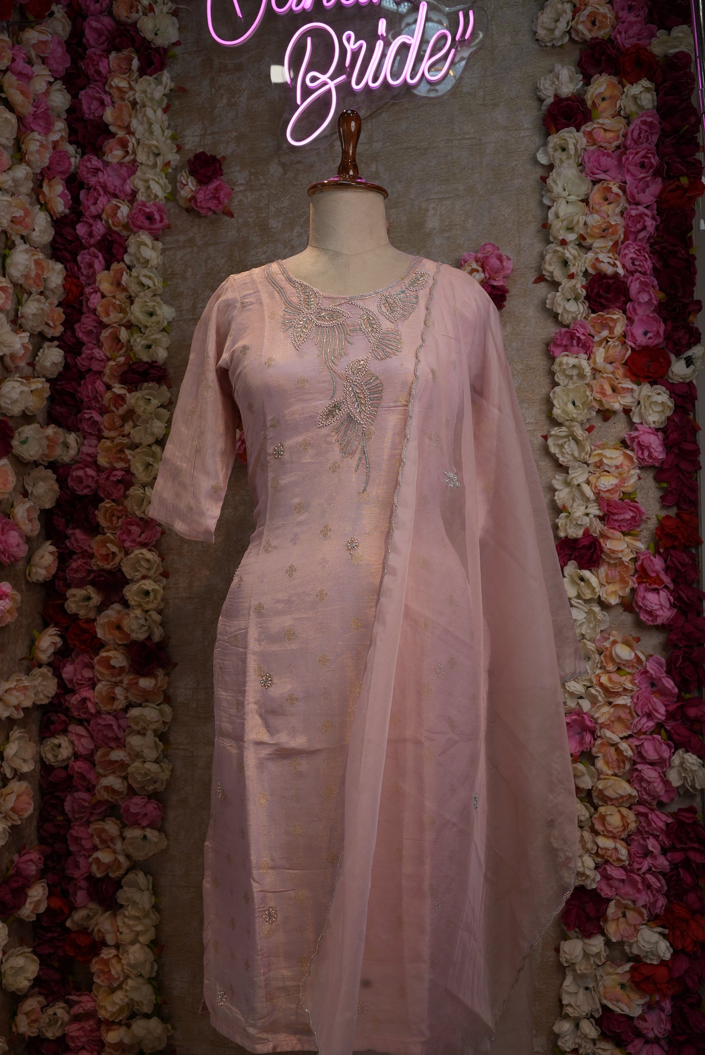 BABY PINK COLOUR TISSUE FABRIC CUTDANA AND ZARDOZI HANDWORK SUIT WITH DUPPATA     ##SP088