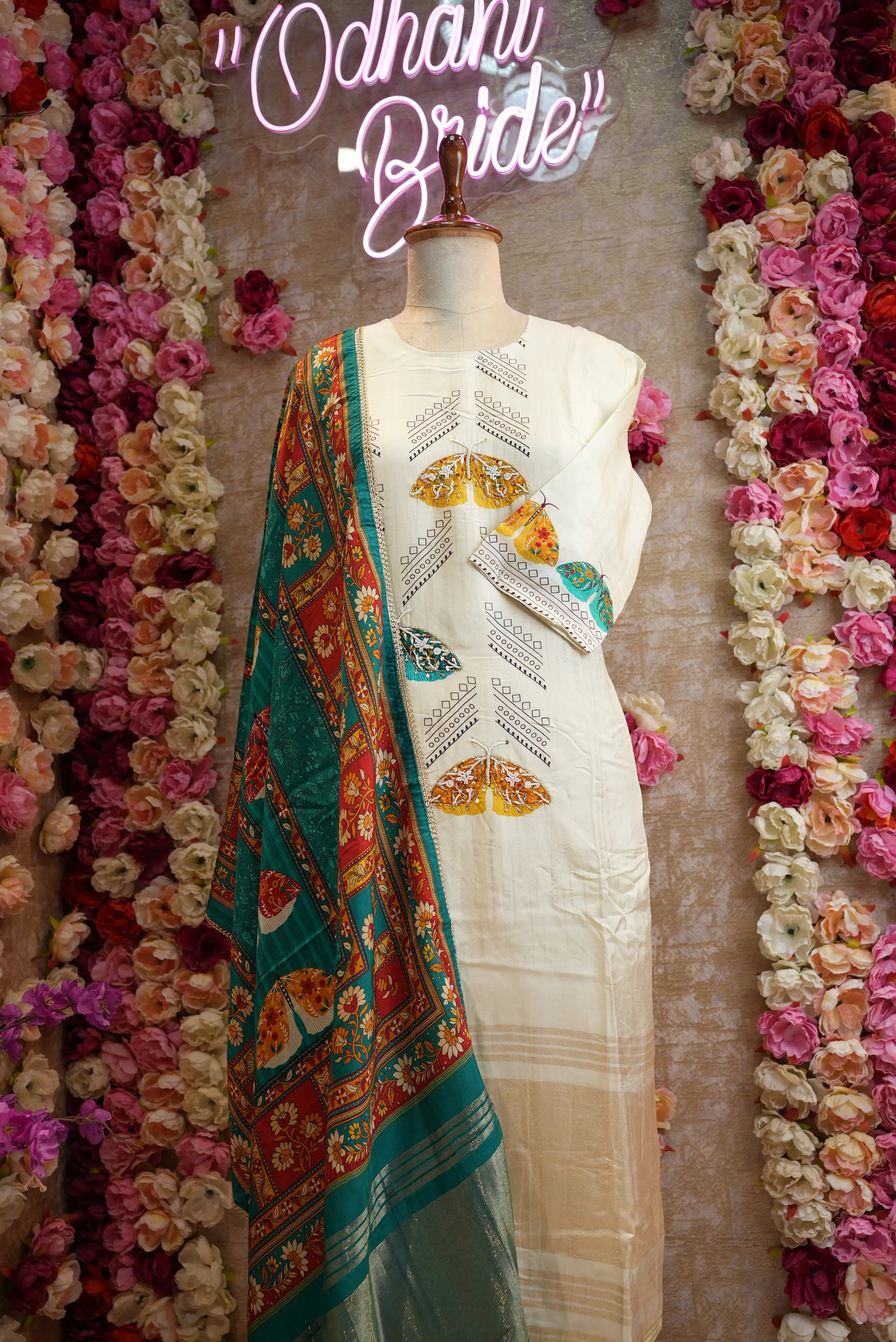 modal gaji fabric digital print suit with kalamkari dupatta & handwork