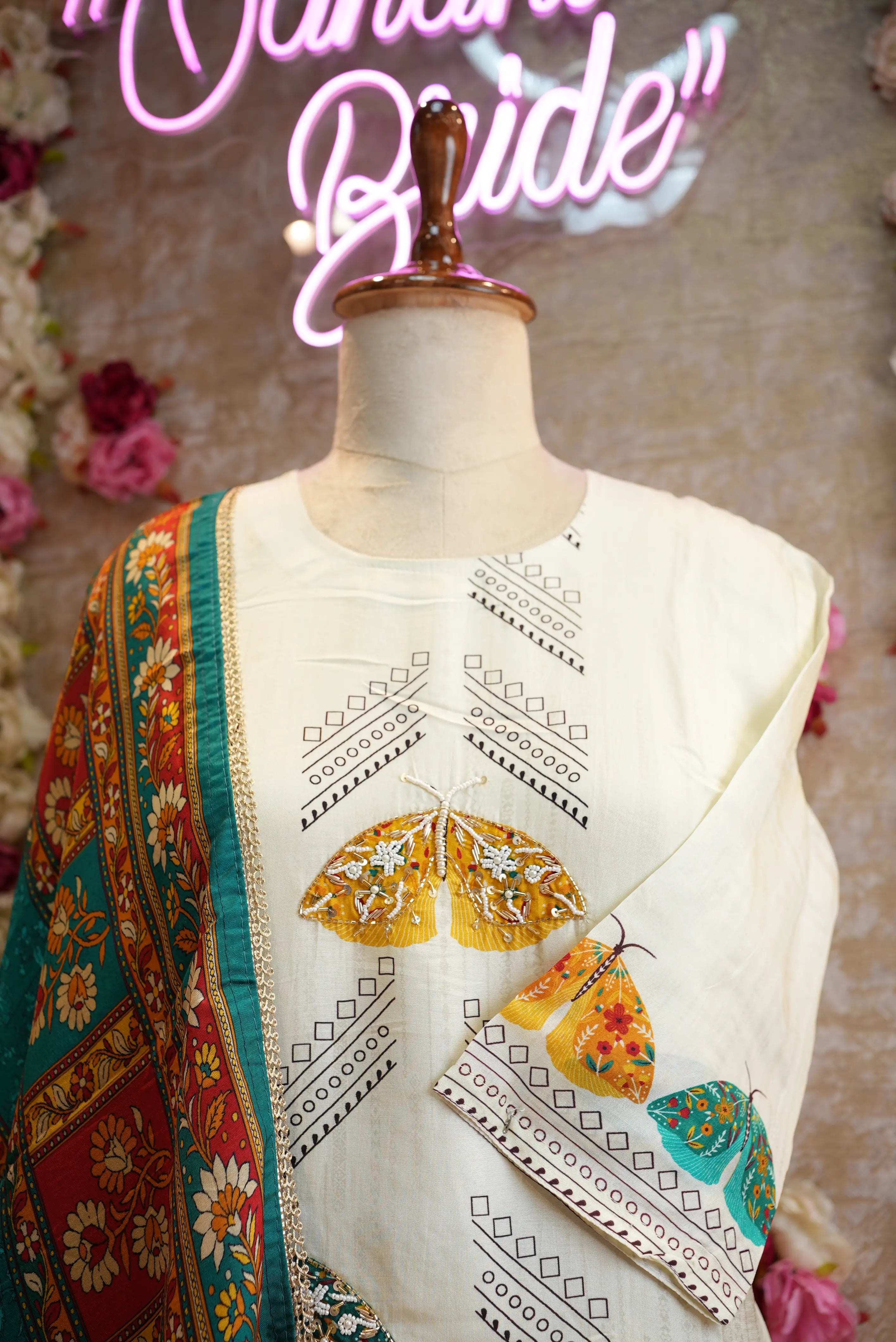 modal gaji fabric digital print suit with kalamkari dupatta & handwork