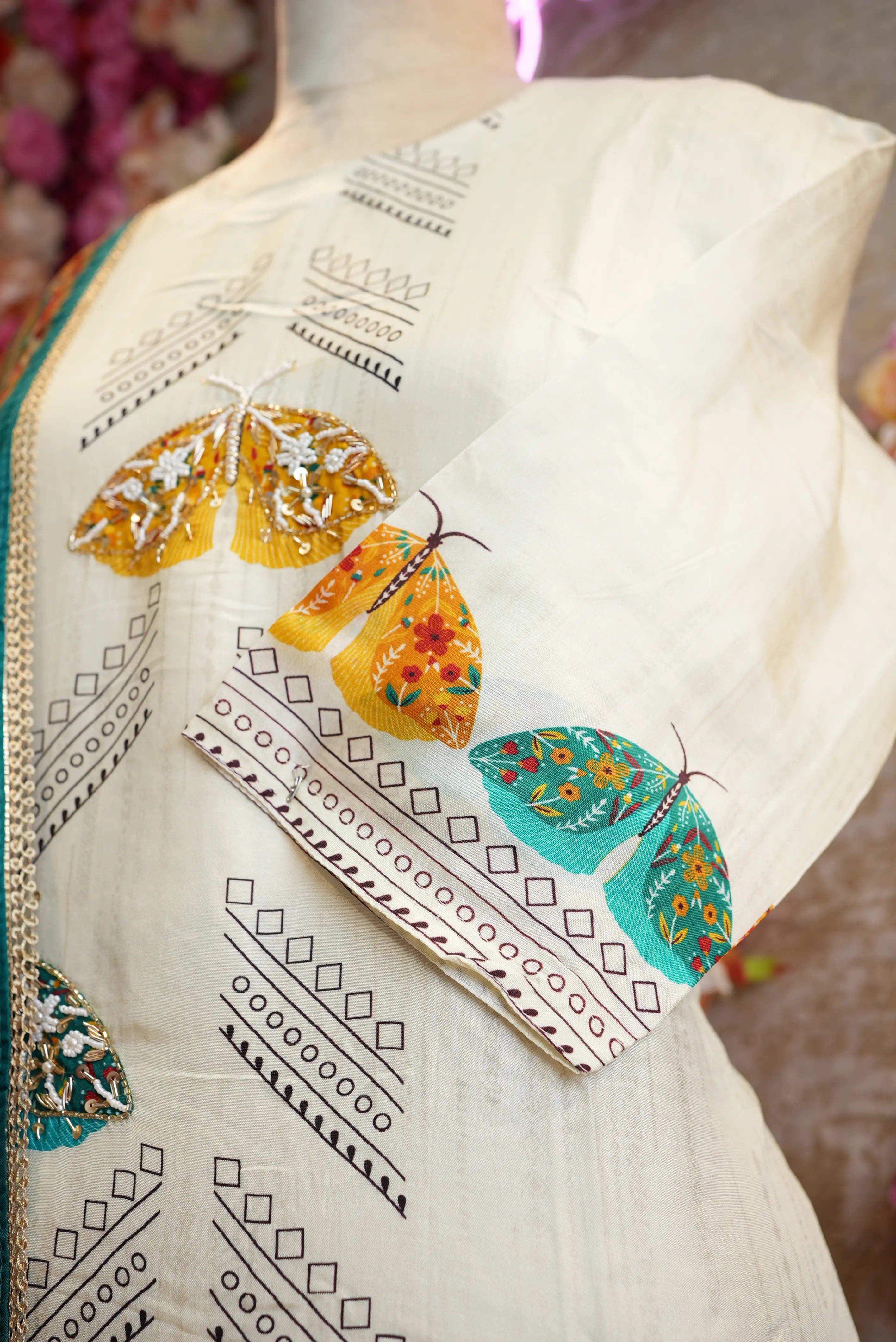 modal gaji fabric digital print suit with kalamkari dupatta & handwork