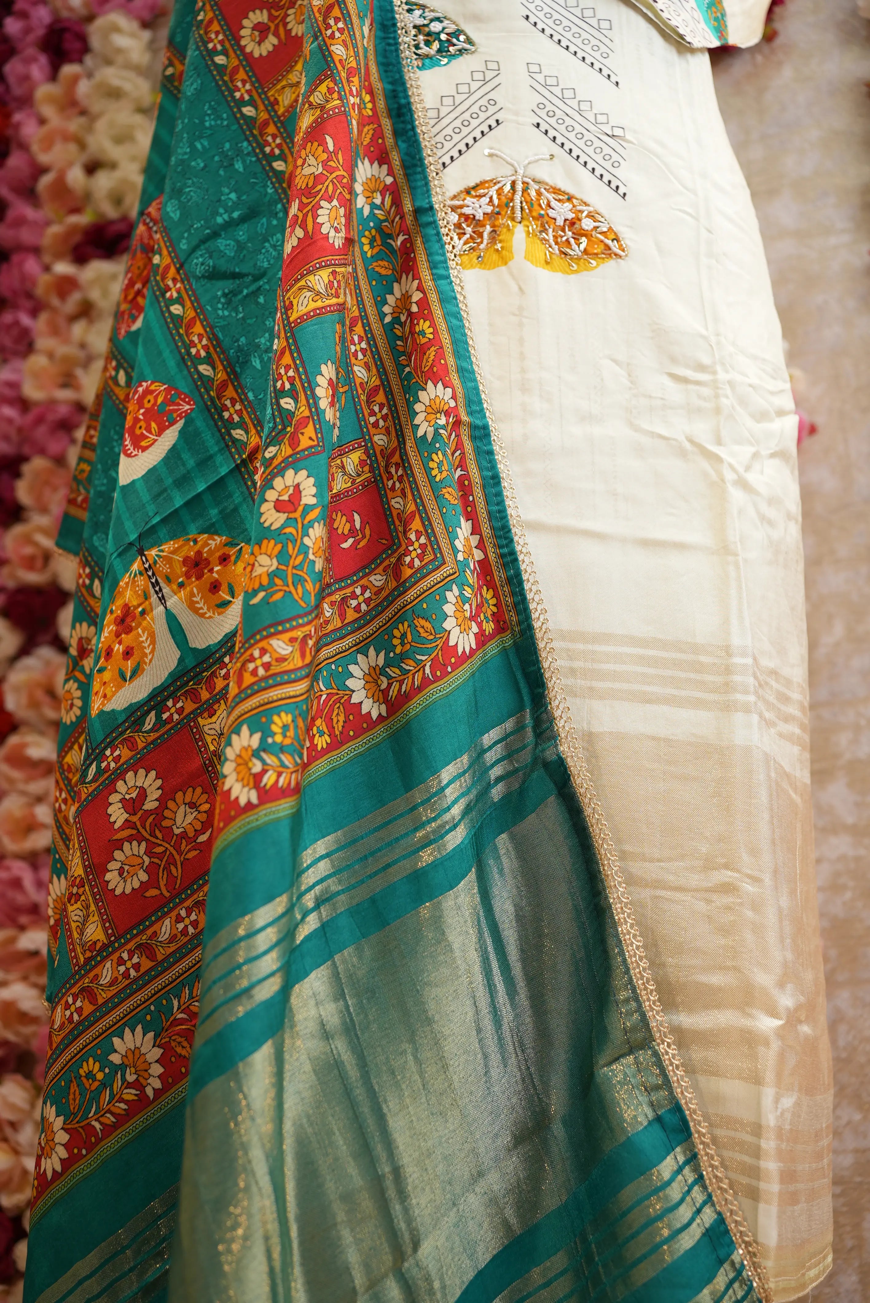 modal gaji fabric digital print suit with kalamkari dupatta & handwork