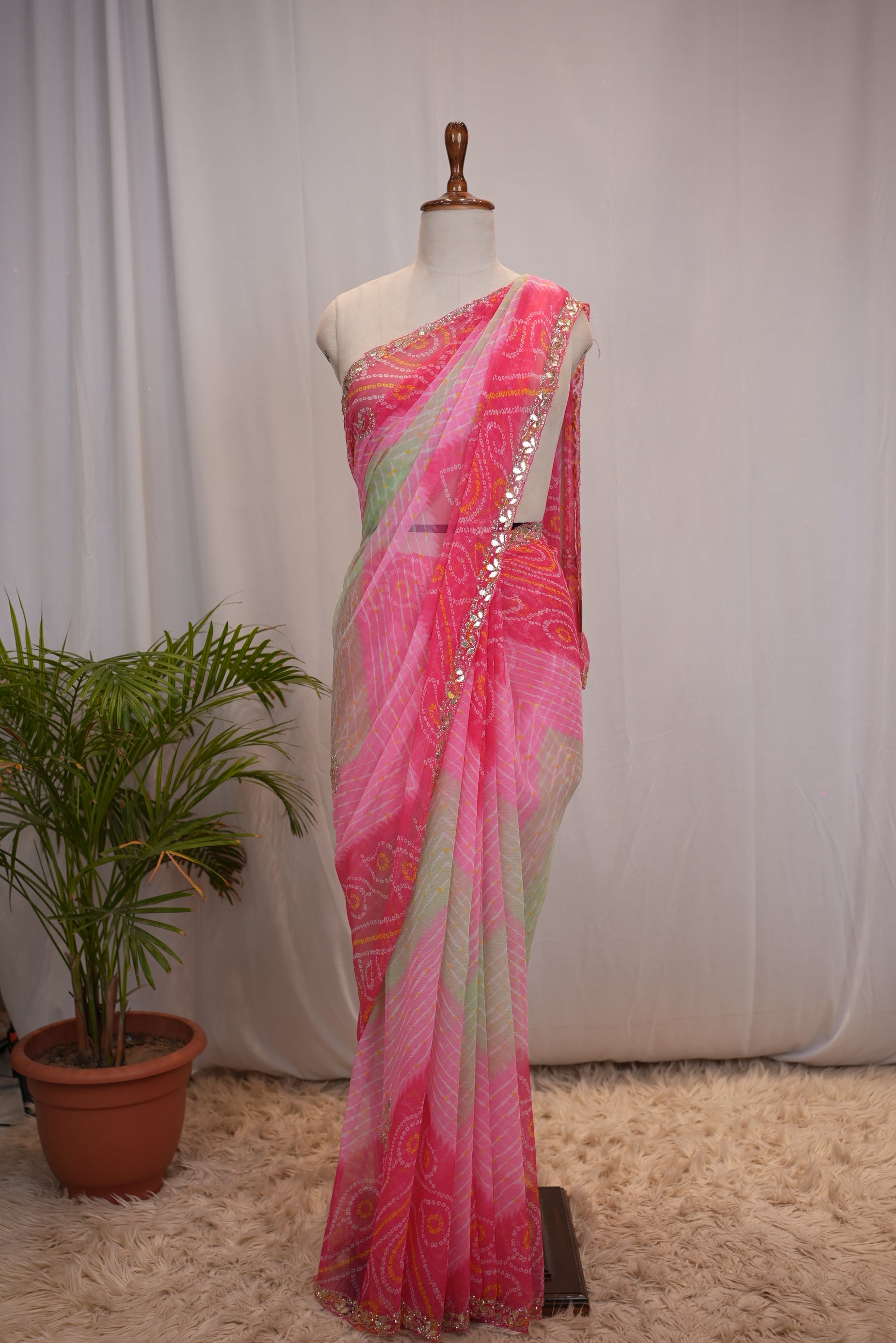 TREDITIONAL LEHERIYA BANDHANI SAREE WITH GOTA PATTI WORK (WITH BLOUSE)
