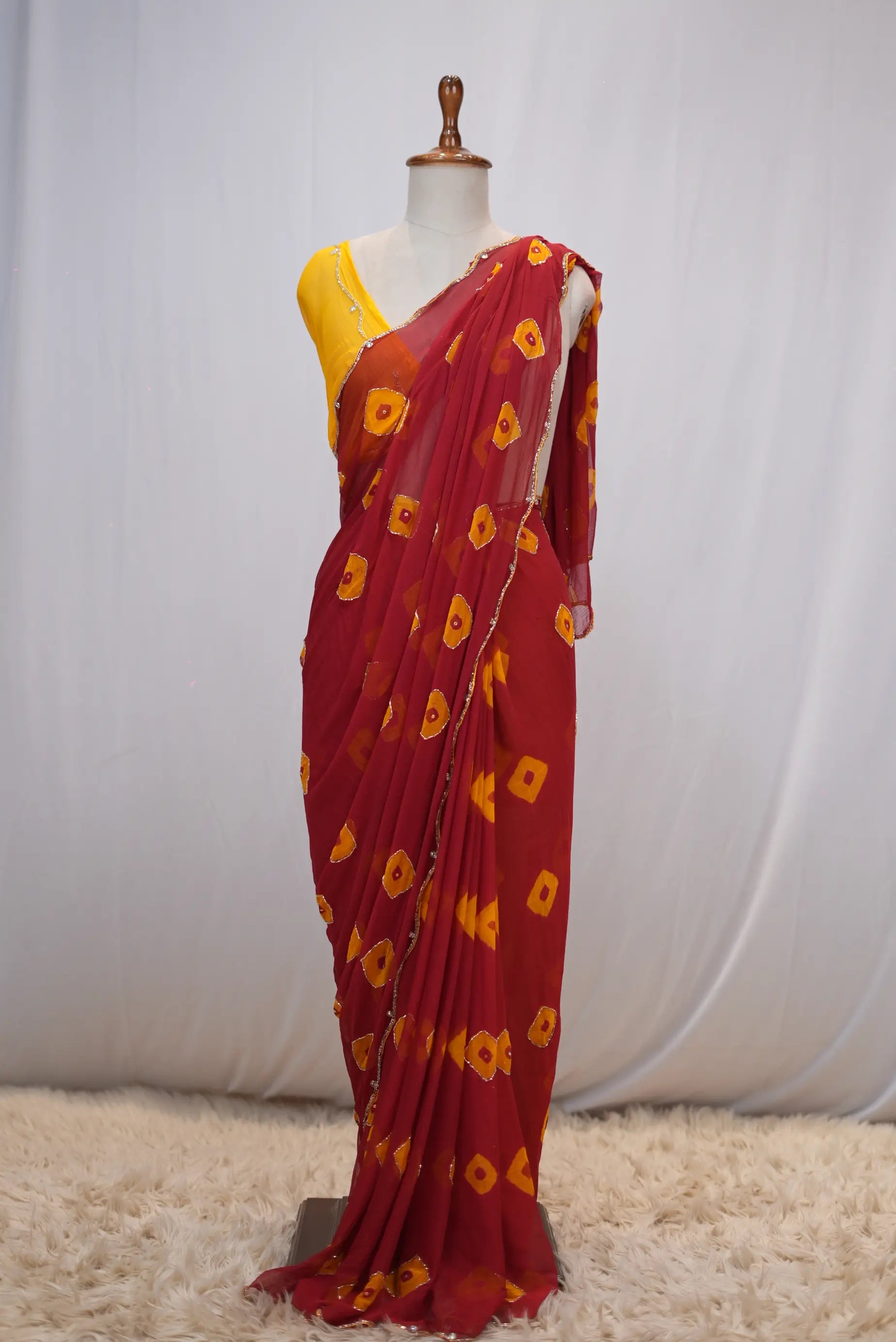 Royal Chiffon Laddu Bandhej Handwork Saree with Blouse