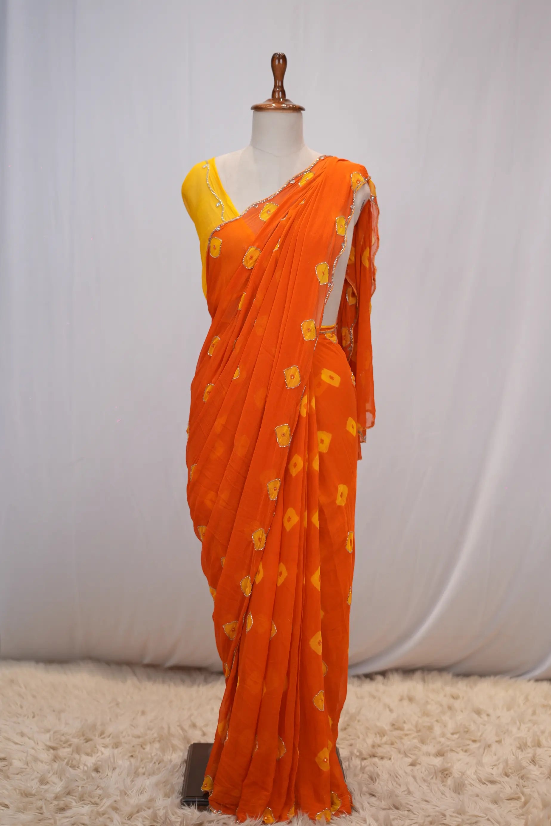 Royal Chiffon Laddu Bandhej Handwork Saree with Blouse