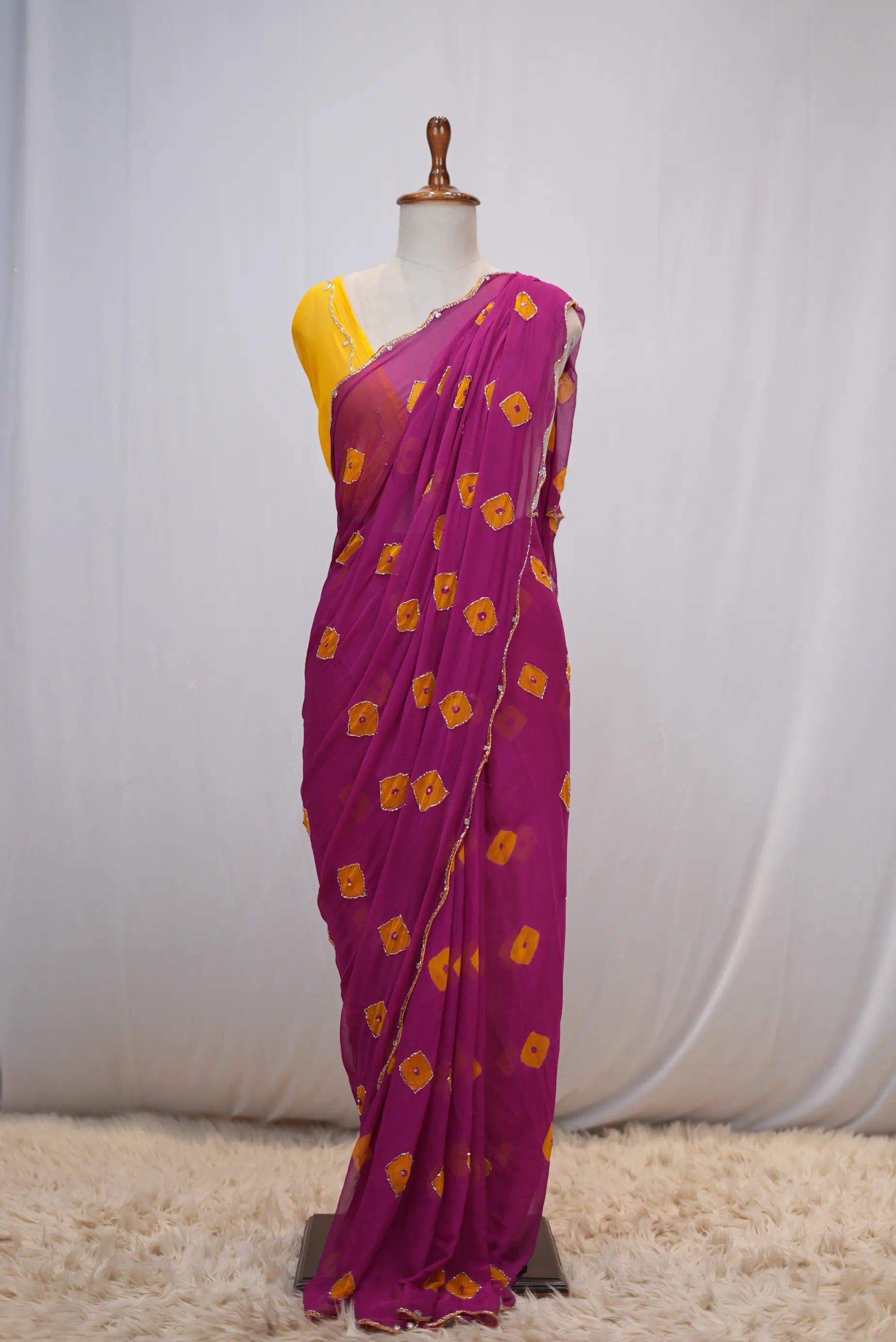 Royal Chiffon Laddu Bandhej Handwork Saree with Blouse