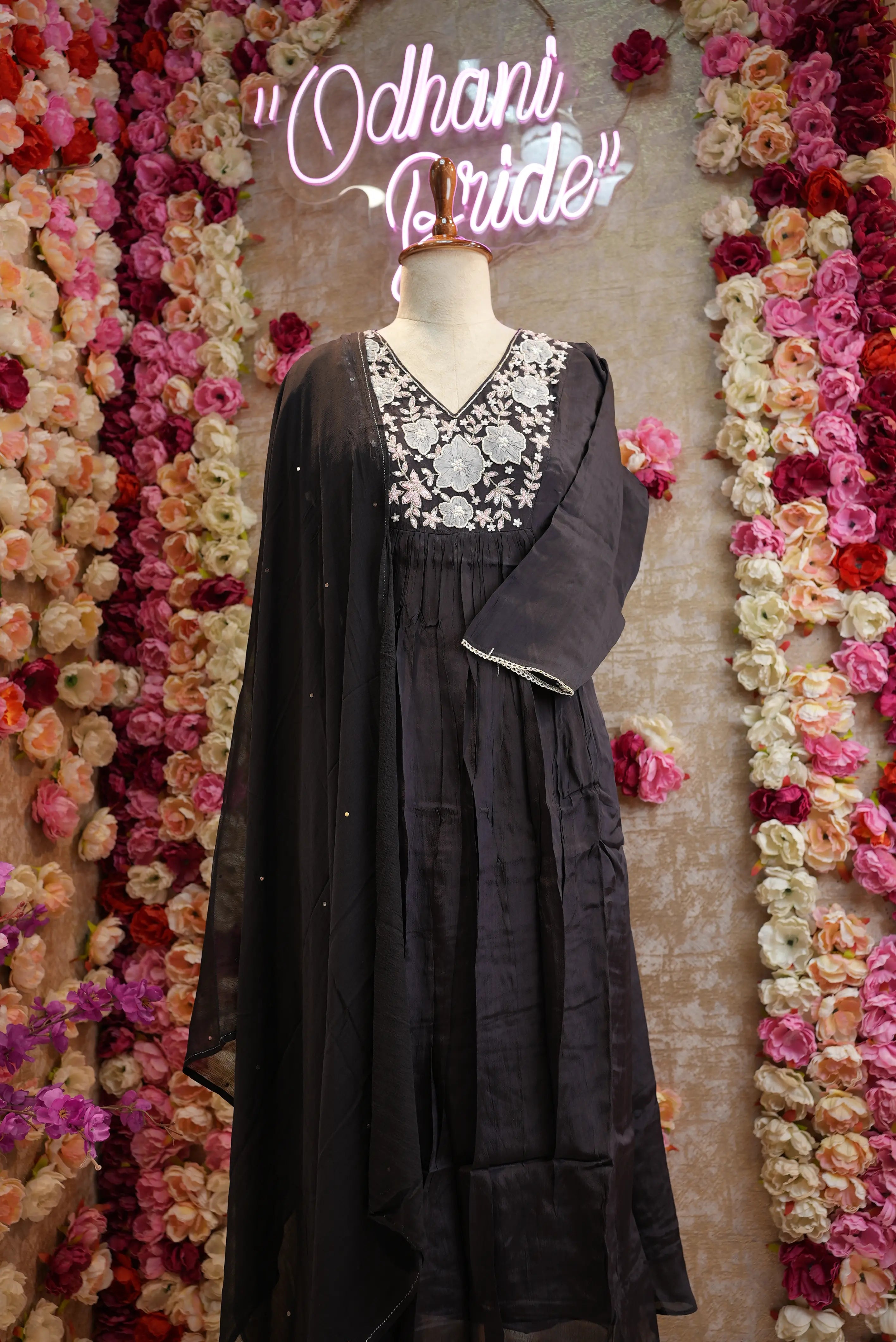 chinon fabric suit with handwork & pleats design