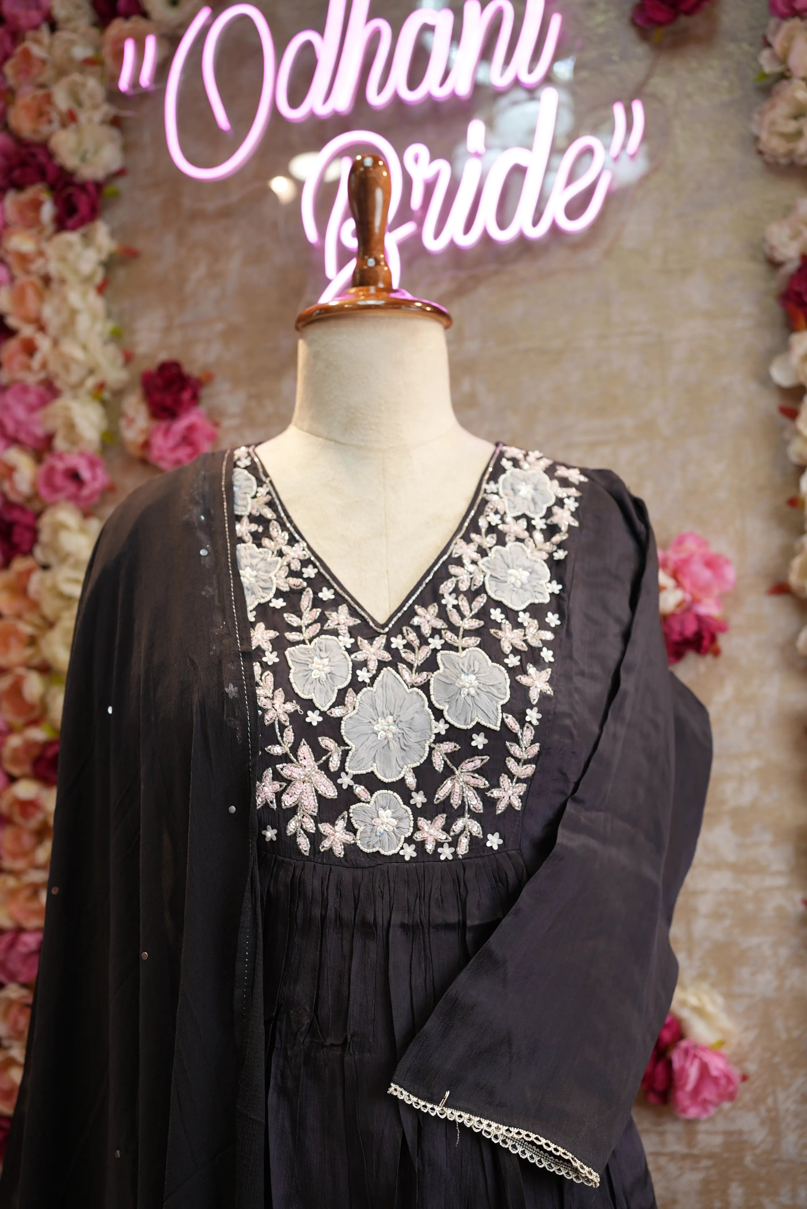chinon fabric suit with handwork & pleats design