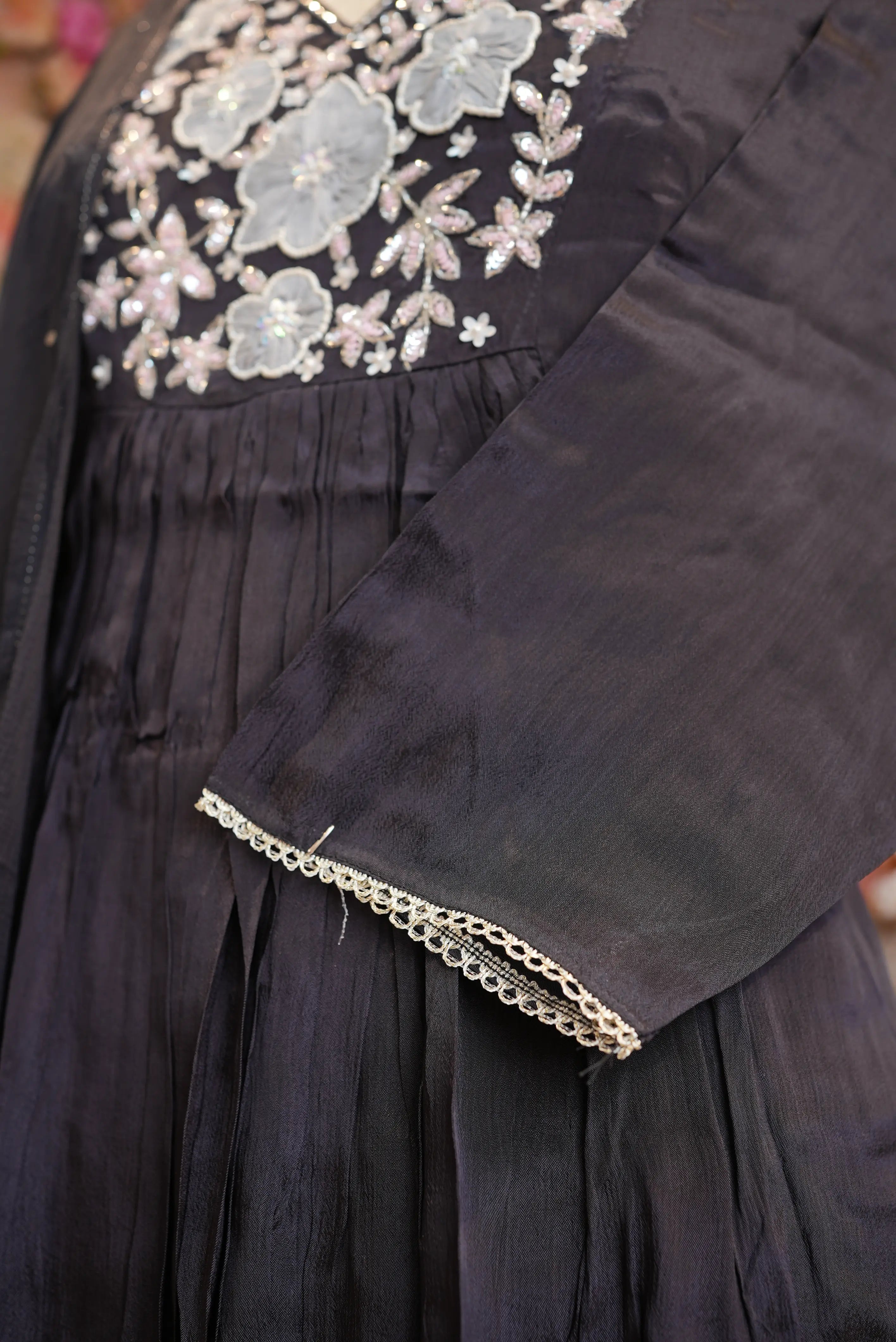 chinon fabric suit with handwork & pleats design