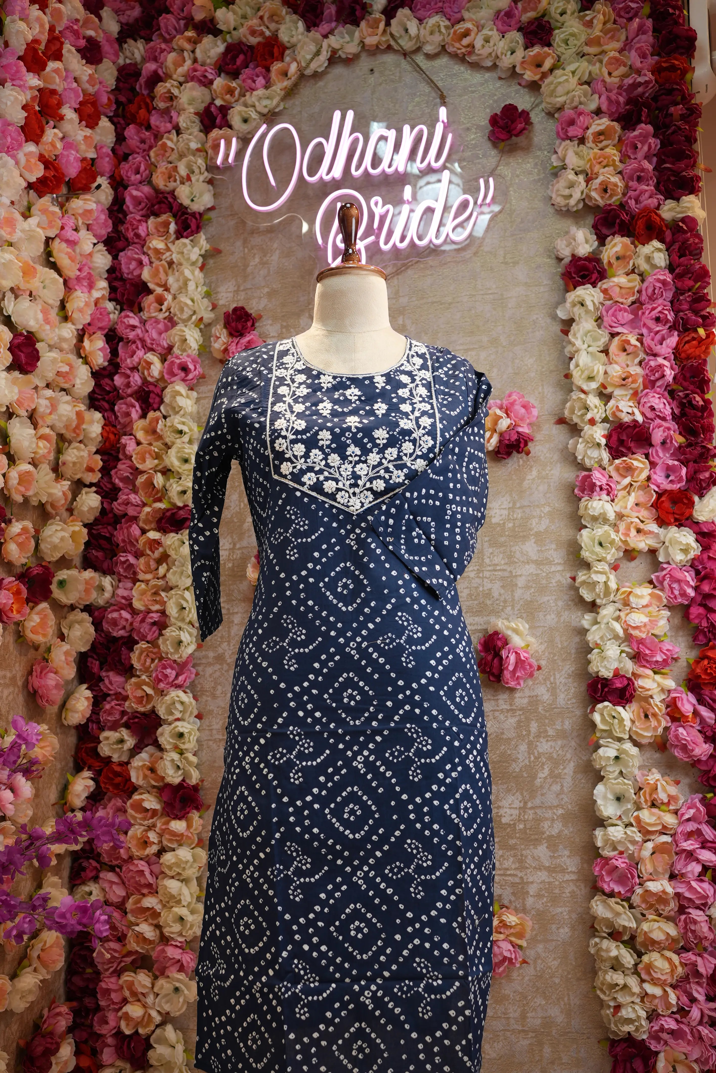 Blue Bandhani pure cotton suit with neck embroidery