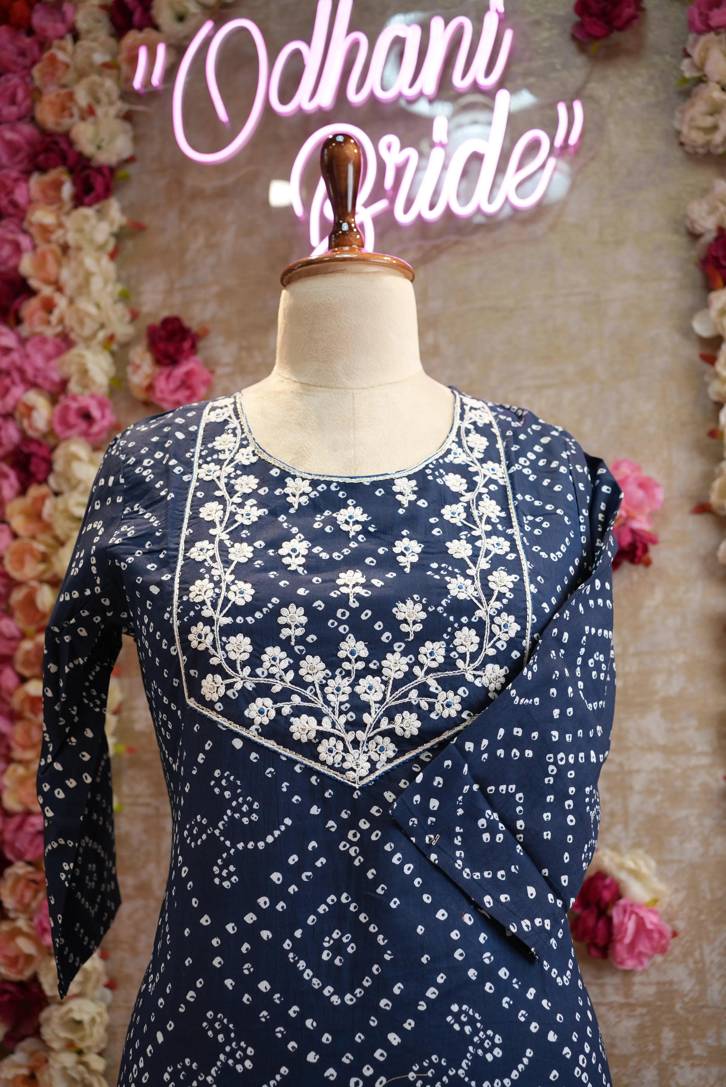 Blue Bandhani pure cotton suit with neck embroidery