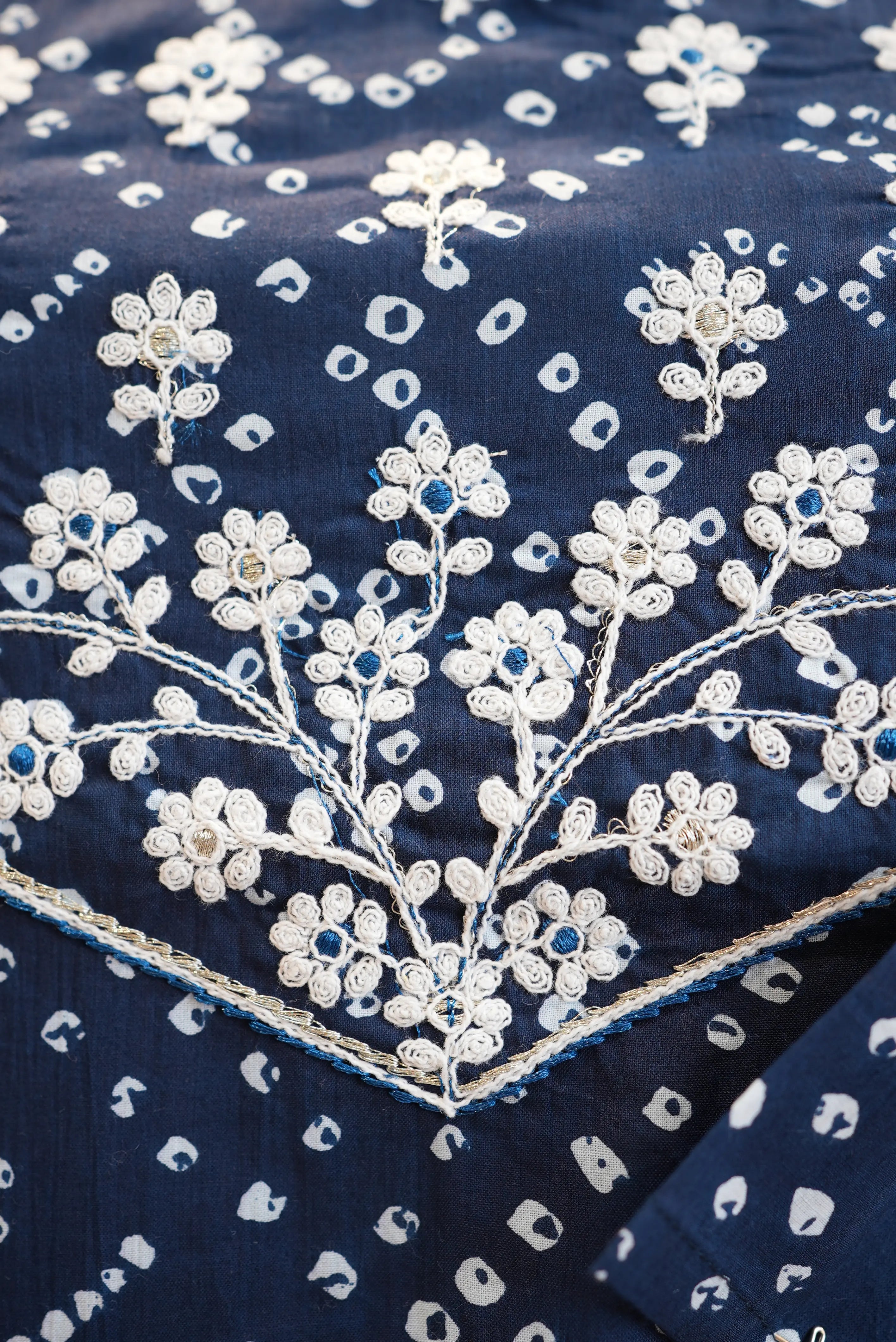 Blue Bandhani pure cotton suit with neck embroidery
