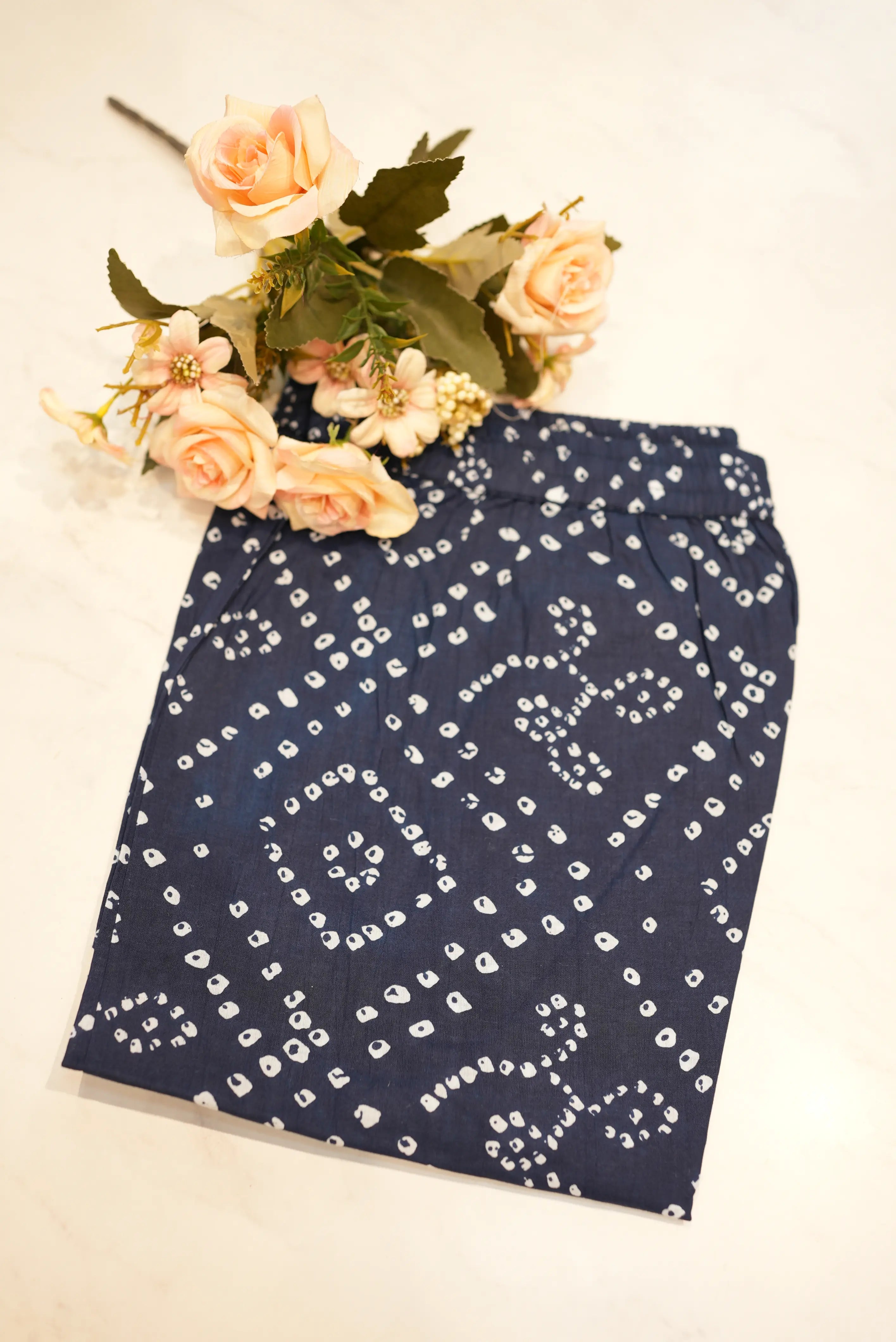 Blue Bandhani pure cotton suit with neck embroidery