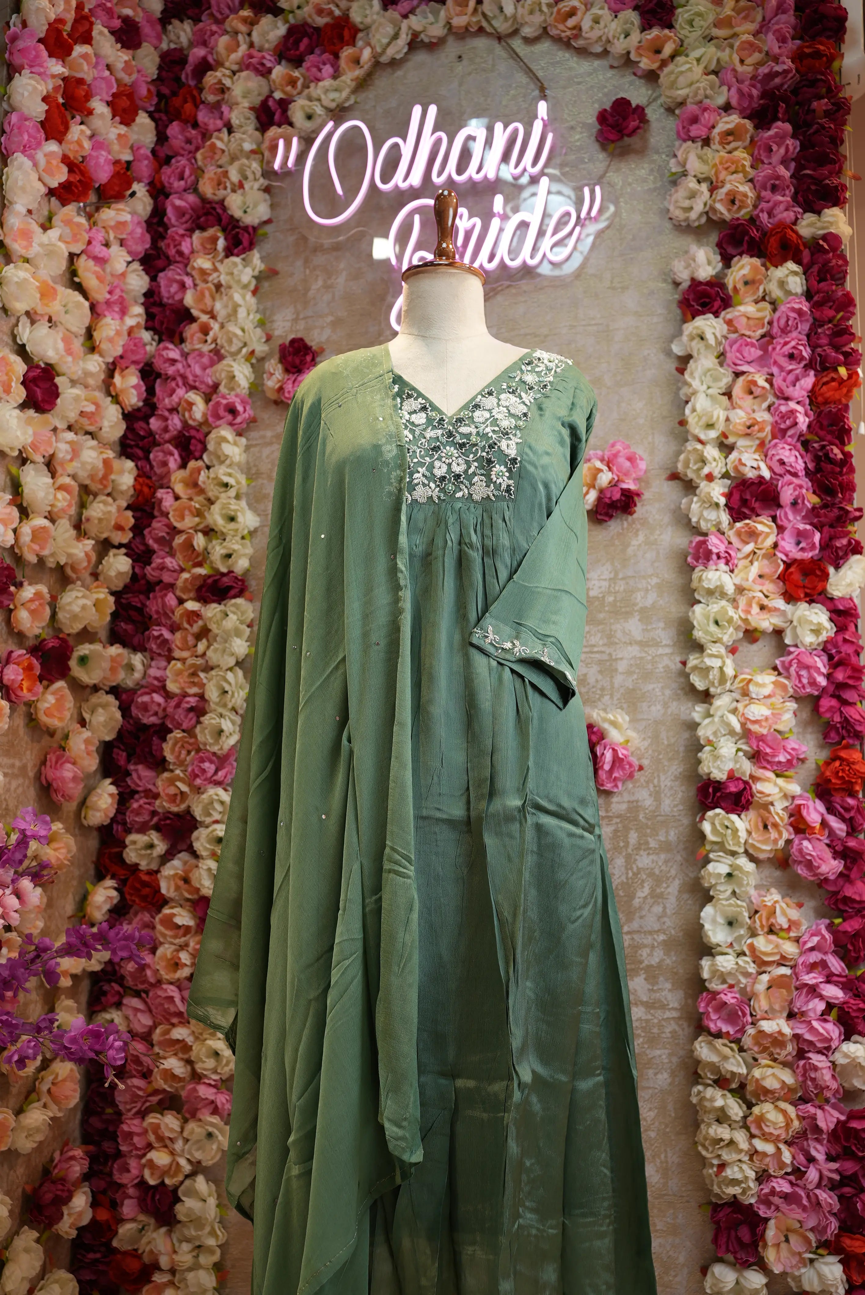 Pure Chinon fabric suit with hand work & pleats design