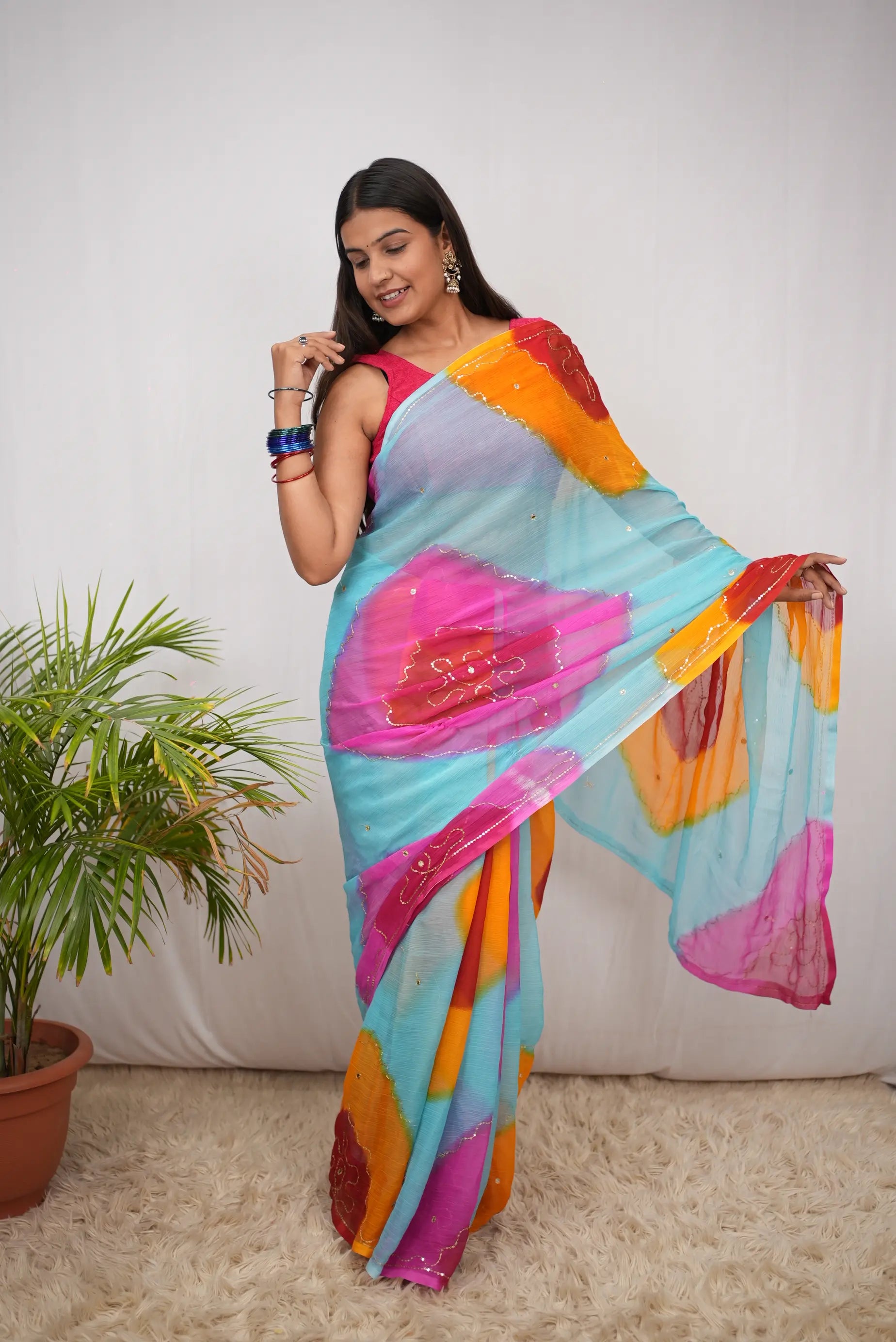 Multicolour Shimmer Chiffon Saree with Aari Taari & Sequin Work (Without Blouse)