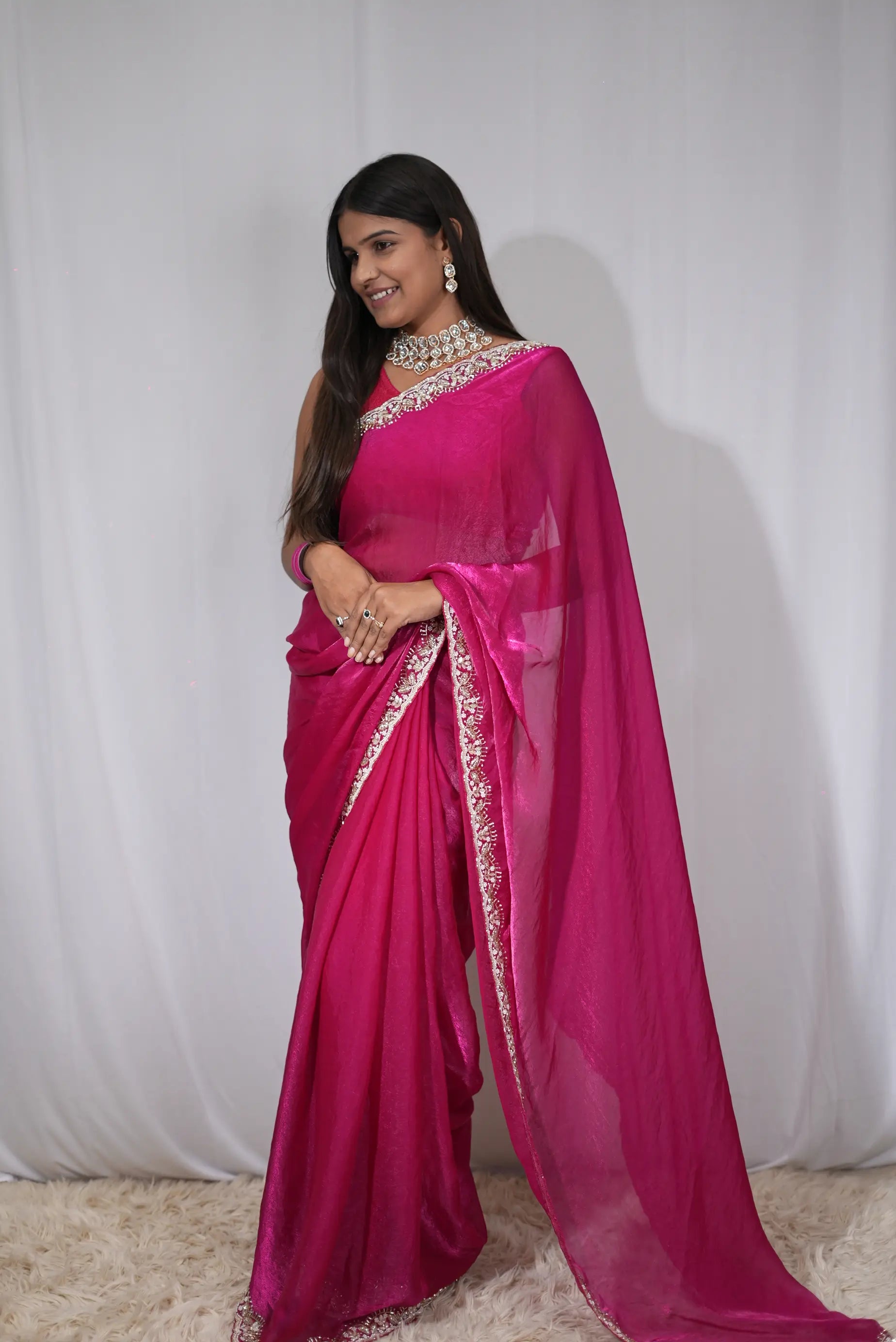 Metallic Silk Fabric Handwork Saree With Heavy Blouse