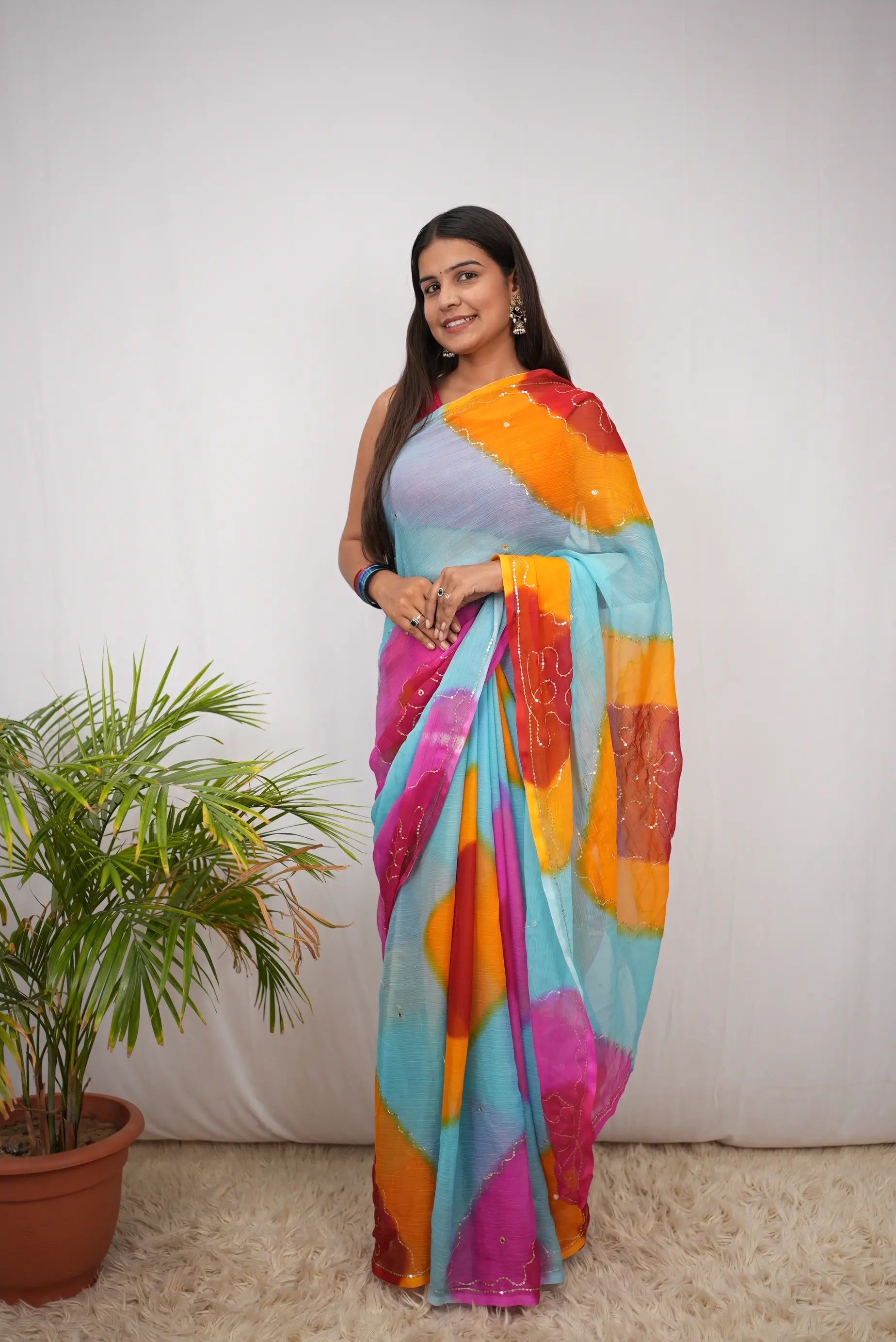 Multicolour Shimmer Chiffon Saree with Aari Taari & Sequin Work (Without Blouse)